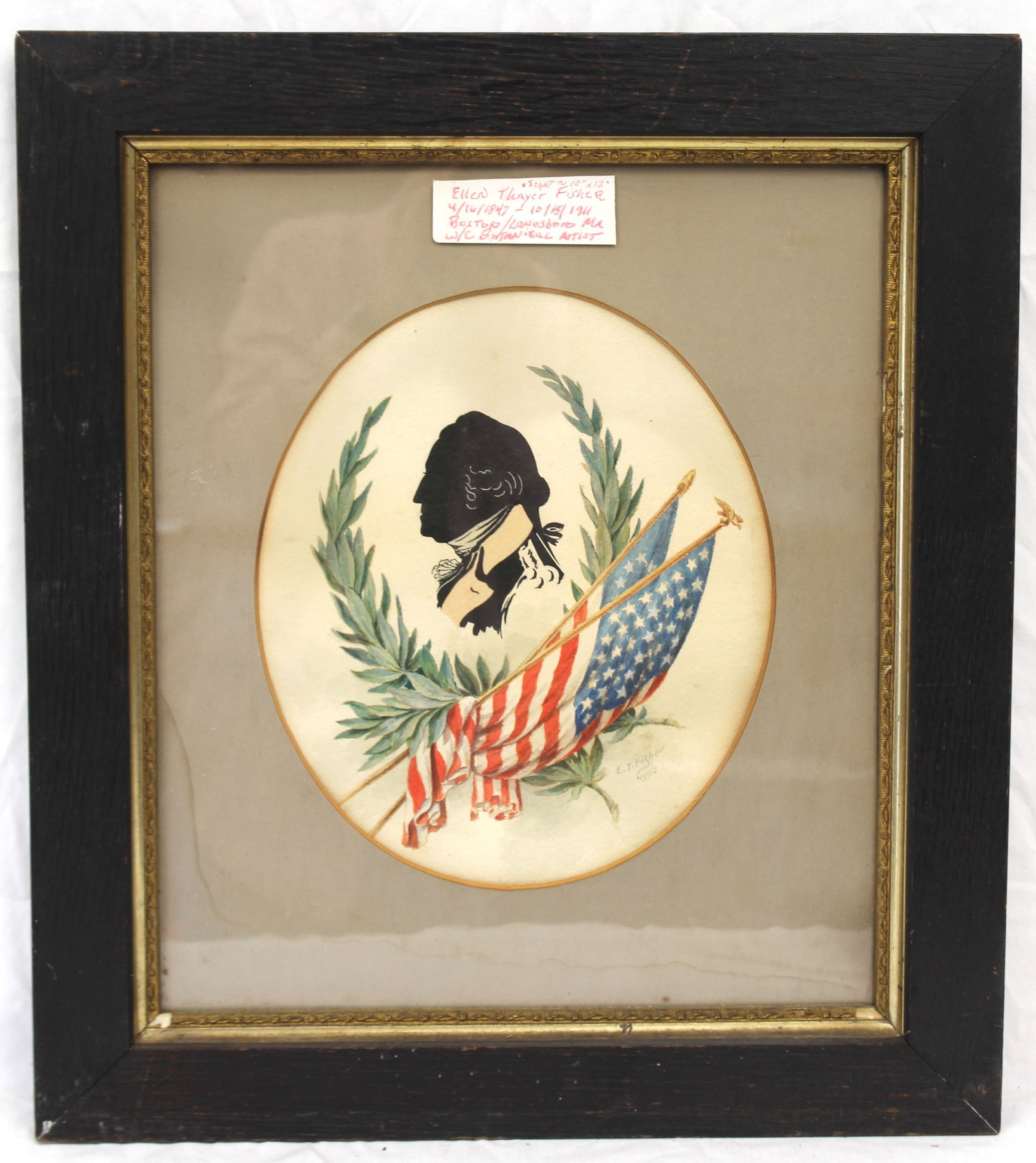 Signed Ellen Thayer Fisher w/c of George Washington w American Flag dated 1902 - overall framed size (1 of 7)