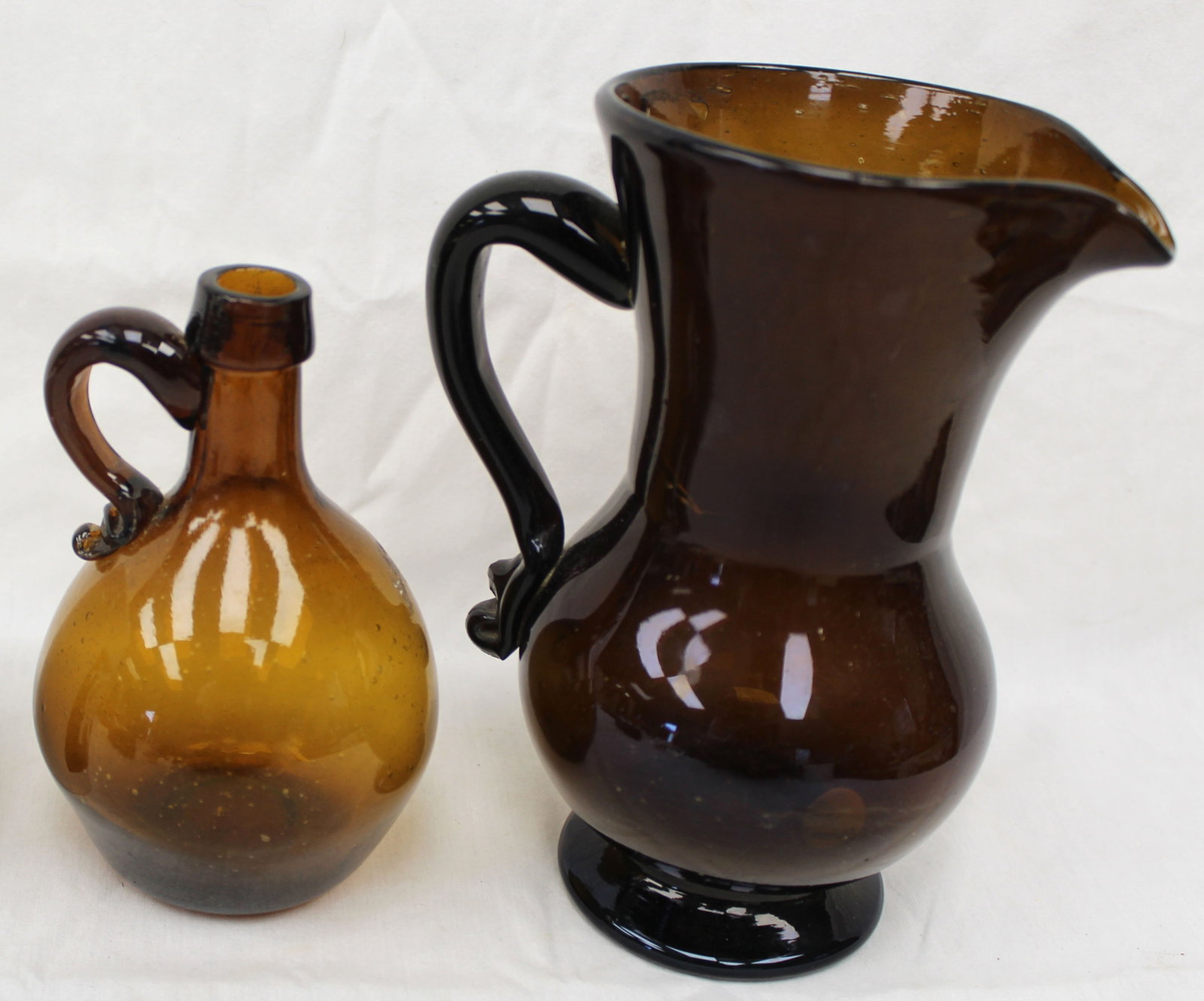 Lot of 2 early amber glass items - creamer & cruet - 5 1/2" & 7 1/2" tall (1 of 11)