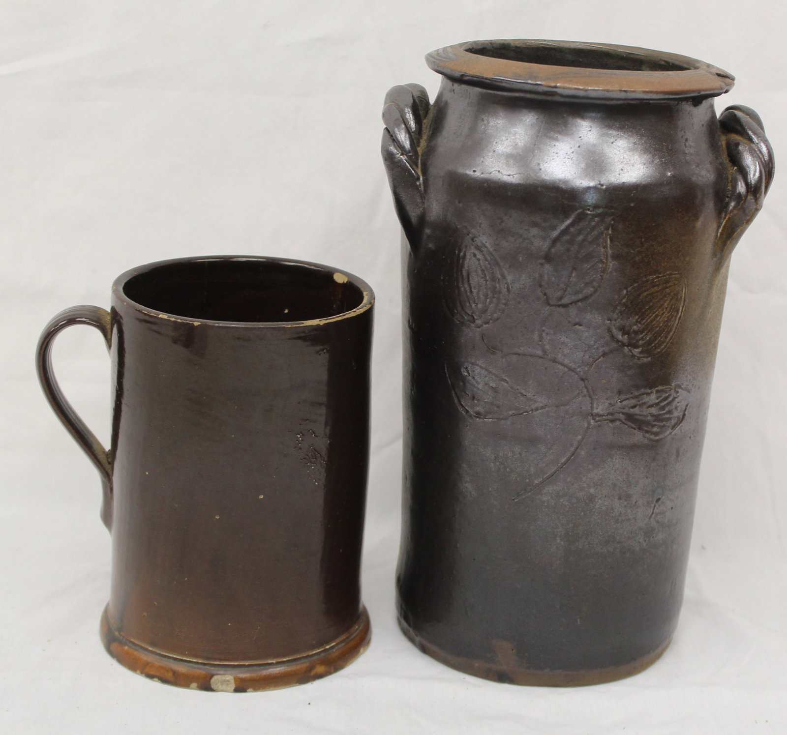 Lot of 2 antique stoneware items incl jar & tankard - 9 1/2" & 6" tall (1 of 12)
