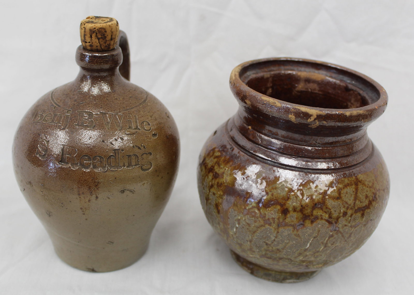 Lot of 2 antique stoneware items incl jar & jug - 5 3/4" & 6" tall (1 of 9)