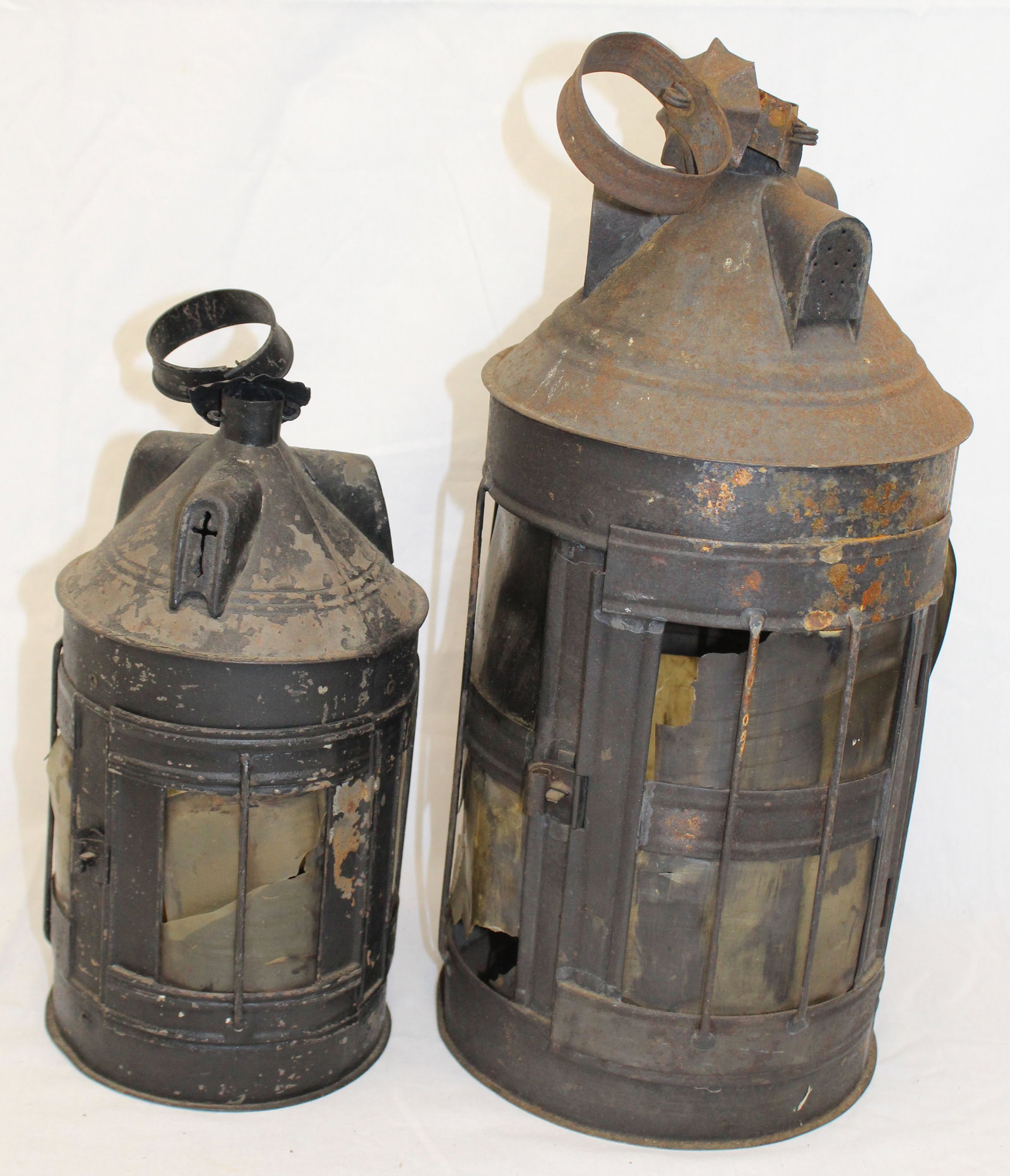 Lot of 2 antique tin lanterns w horn inserts - 1 unusually large - both as found - 14" & 20" tall (1 of 7)