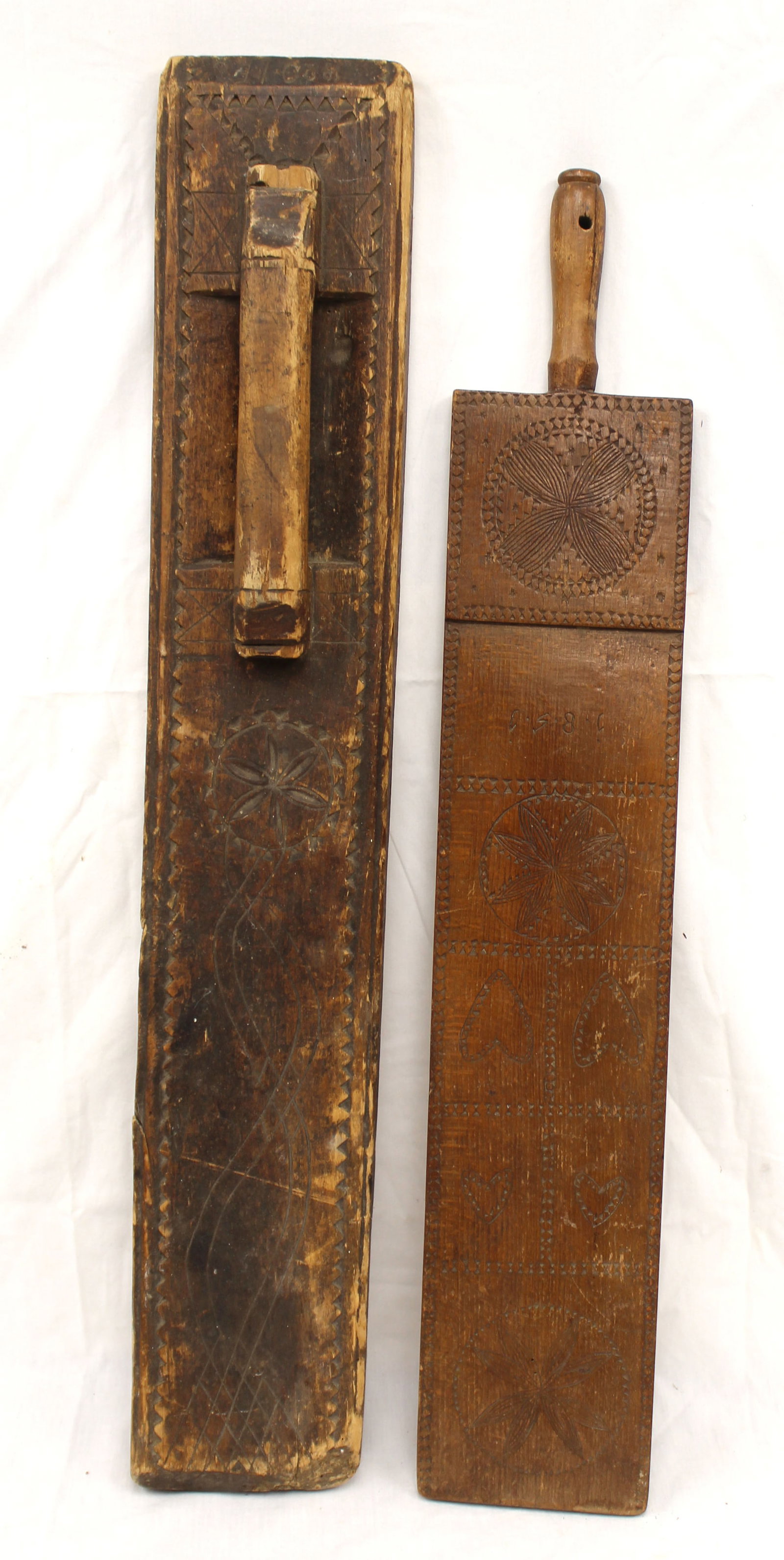 19thC carved wood scratch decorated bed smoothers - 31" & 29 1/2" tall (1 of 11)