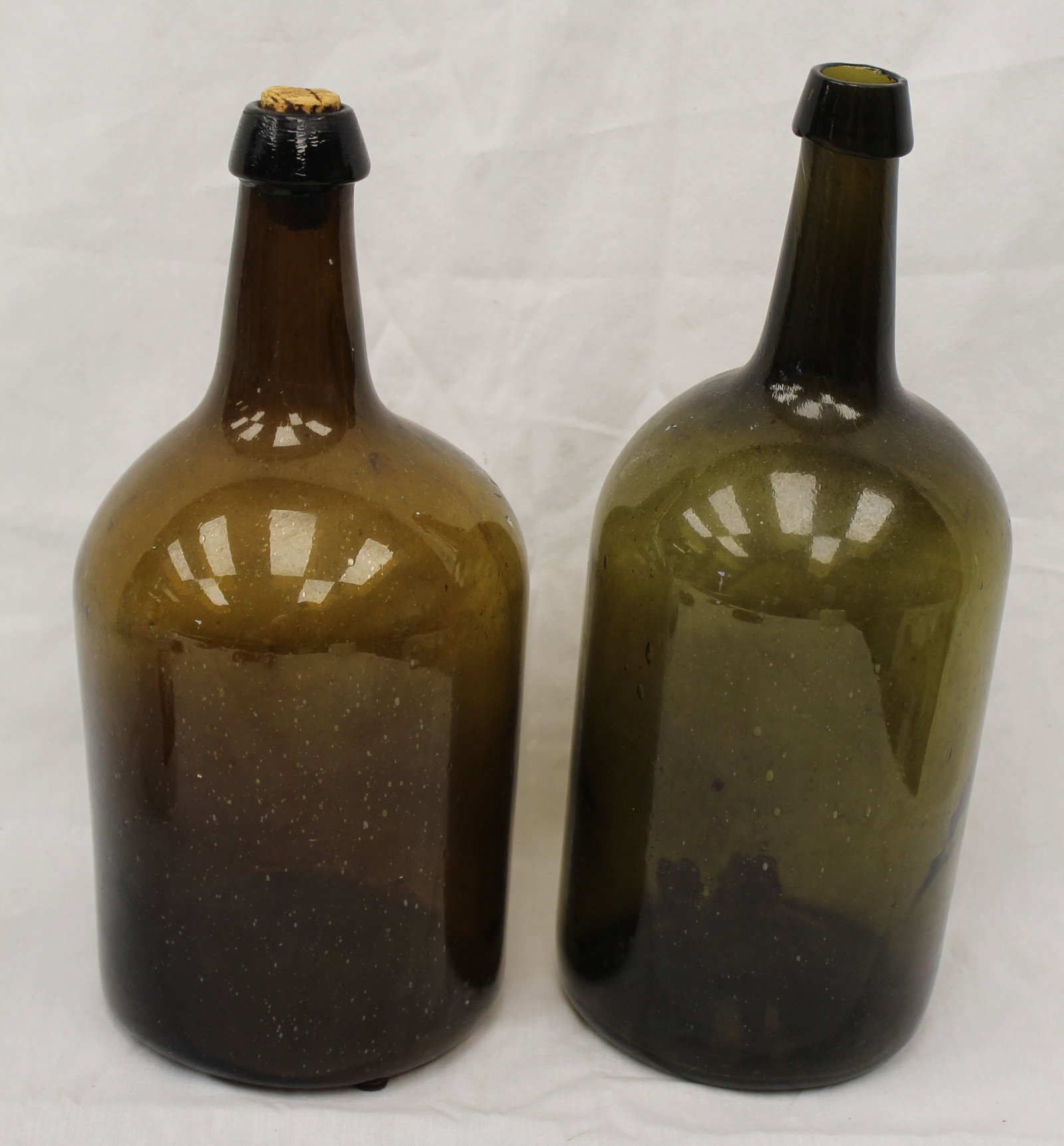 Lot of 2 large early glass bottles in green & amber - 11" & 12" tall (1 of 8)