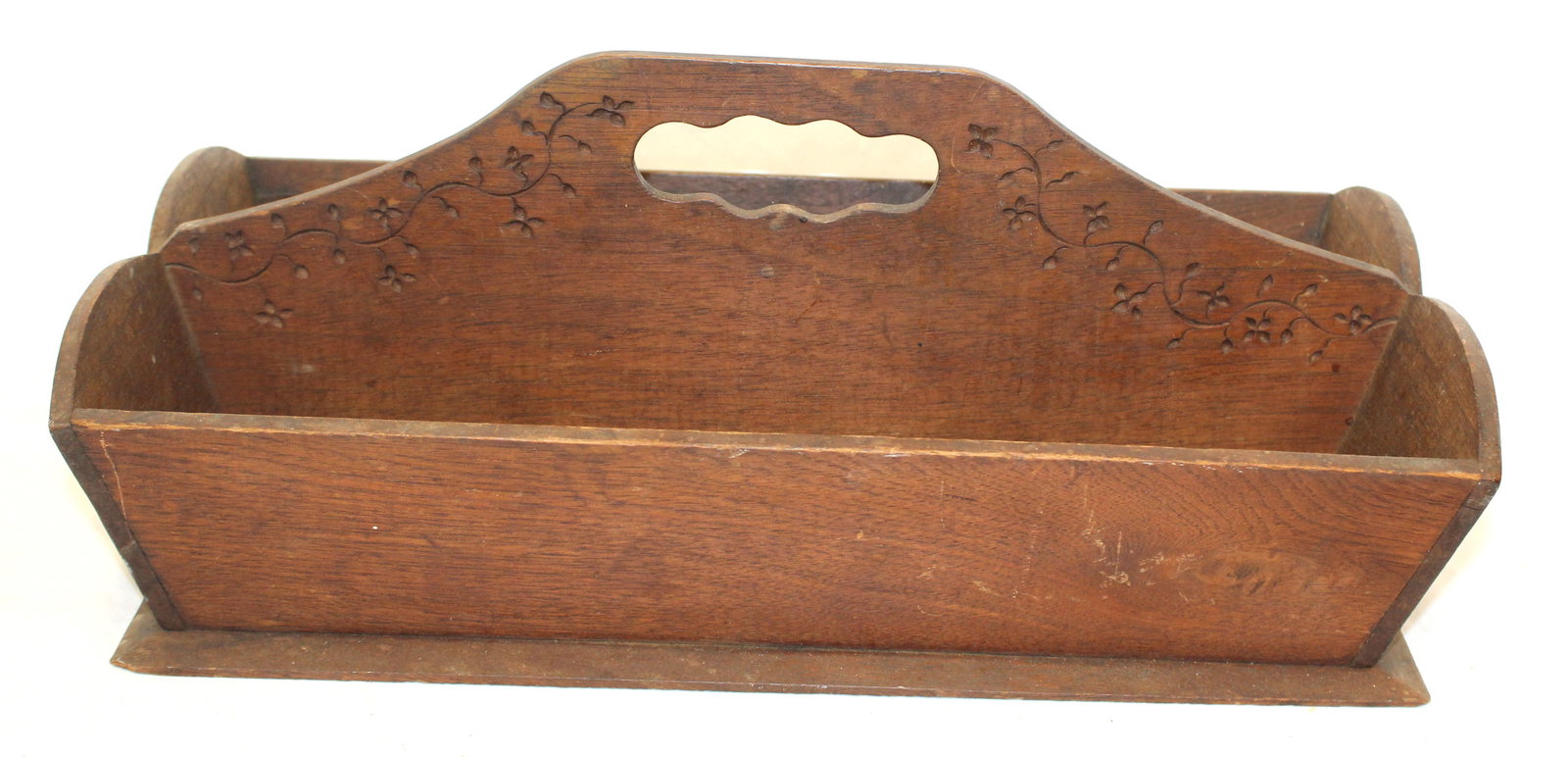 19thC utility carrier w carved floral decoration on handle - 6" tall x 15"x7" (1 of 7)