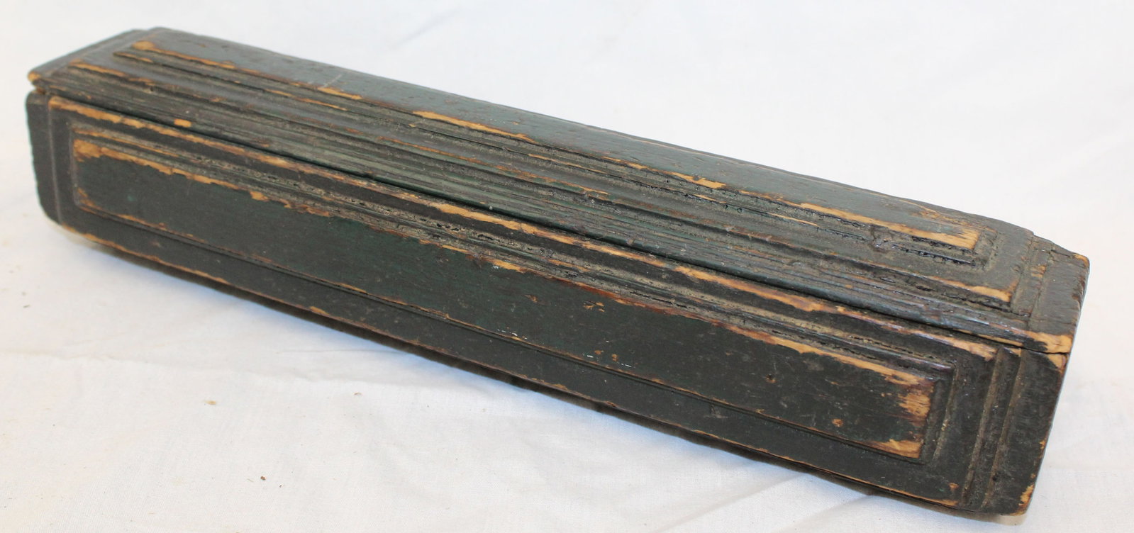 Antique narrow small slide top box in green paint - 12" x 2 1/2" (1 of 5)