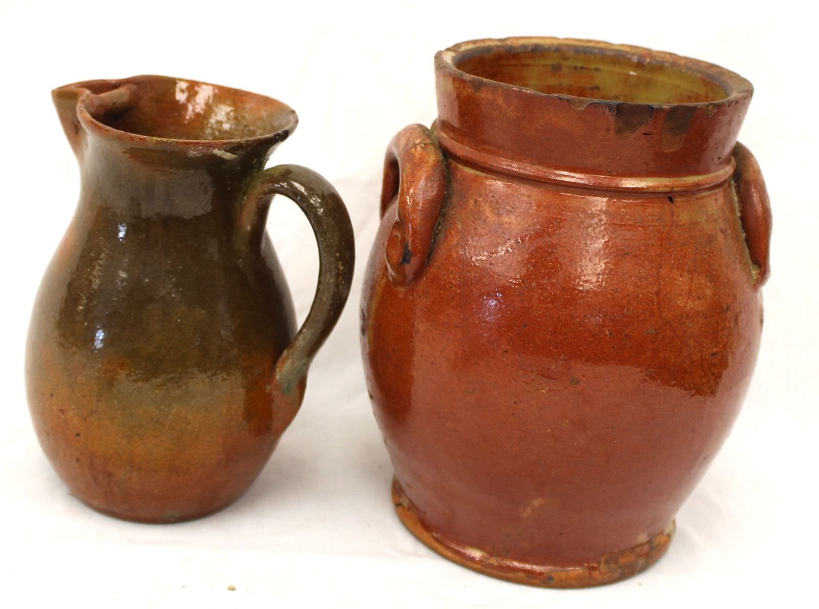 Lot of 2 antique redware items - jar & pitcher - 7" & 8" (1 of 11)
