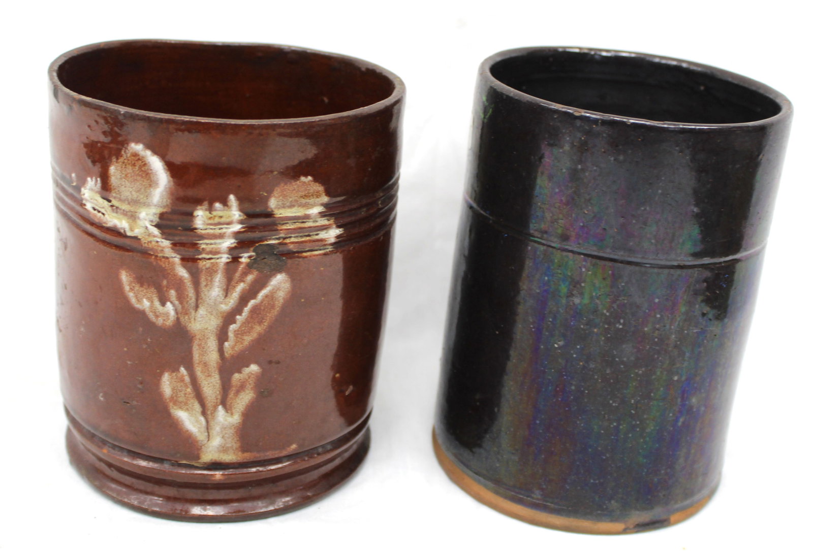 Lot of 2 antique large redware mugs - 1 w slip dec - 6" & 6 1/2" tall (1 of 10)