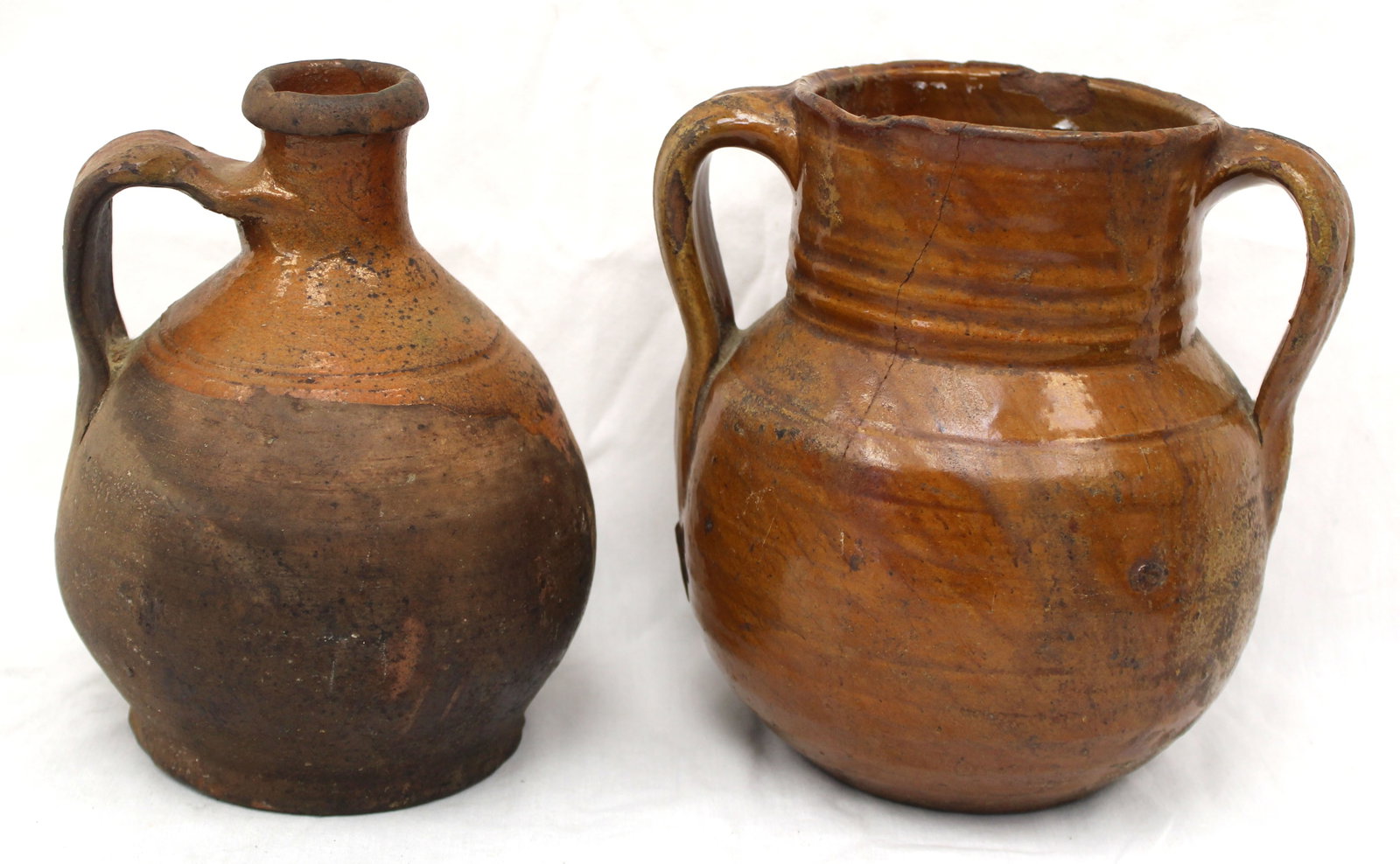 Lot of 2 antique earthenware items - jug & jar - 7 & 7 1/2" tall (1 of 10)