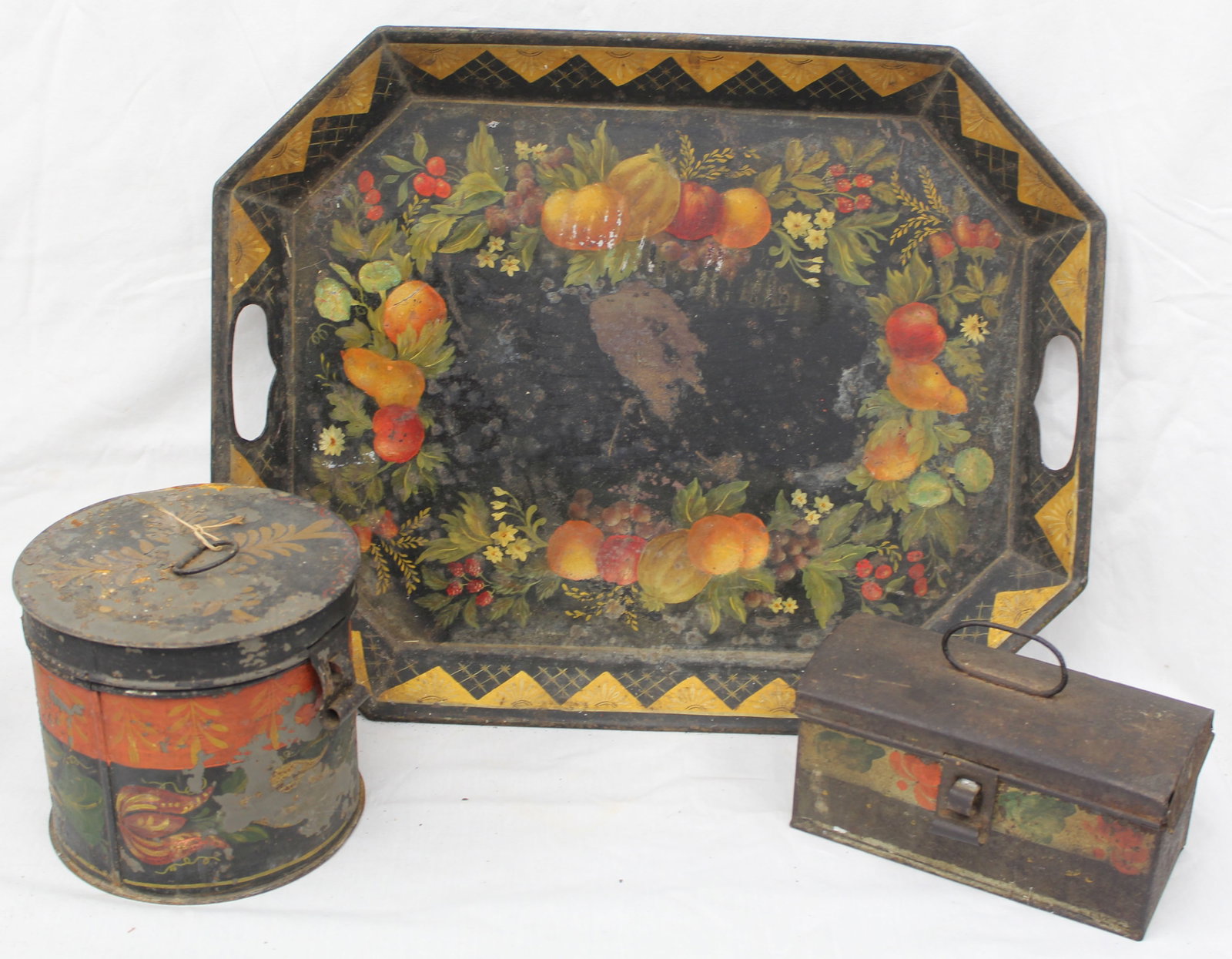 Lot of 3 pcs of antique black toleware - tray, cannister & box - 5 1/2" tall x 6" diam, 3 1/2" tall (1 of 5)