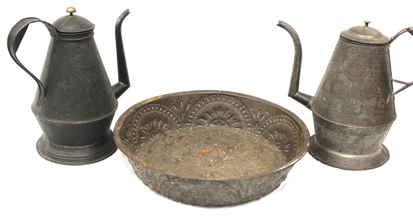 Lot of 3 pieces of antique punched tin incl 2 coffee pots & a large bowl/strainer - 11 1/2" & 10 (1 of 9)