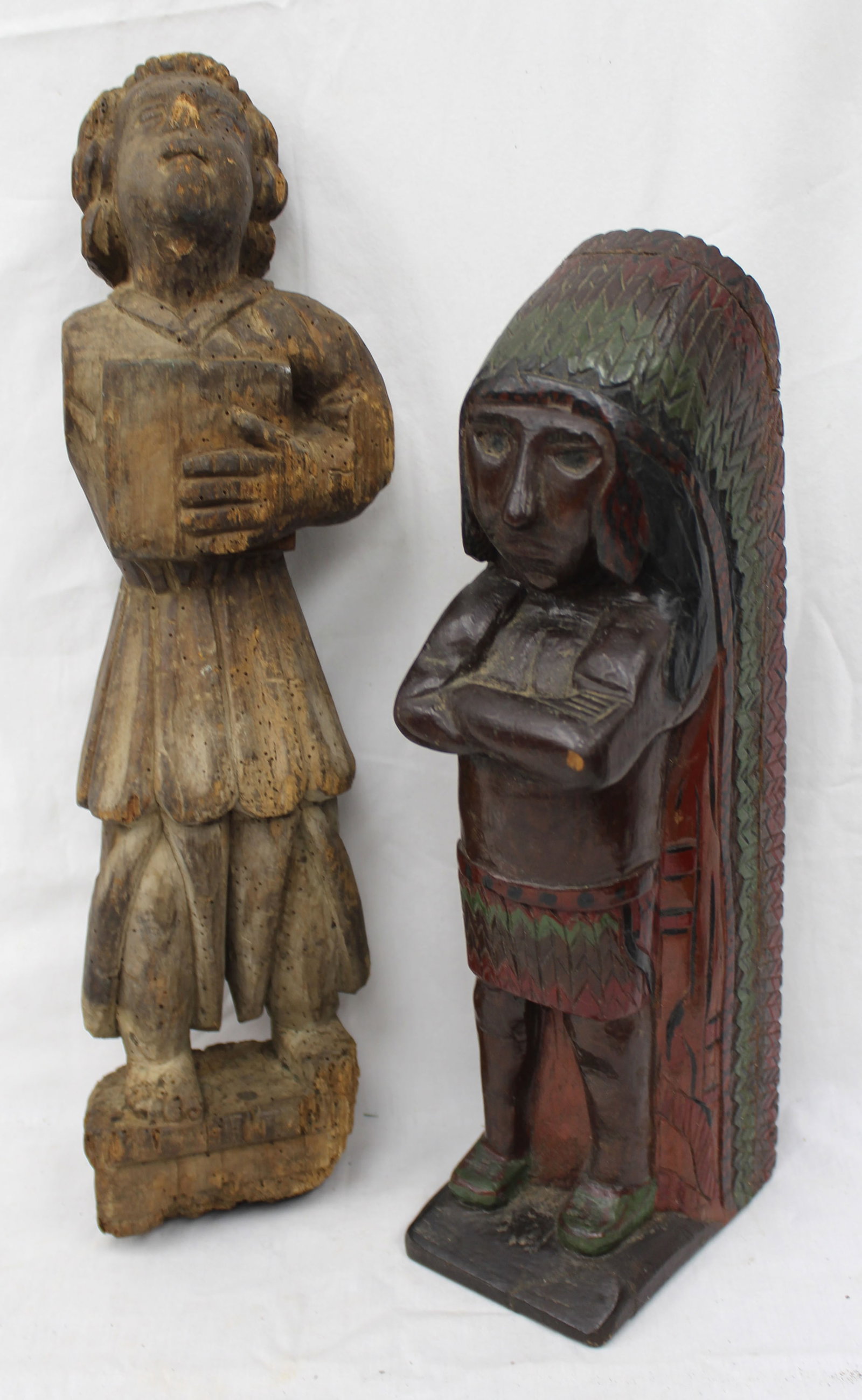 Lot of 2 vintage/antique carved wooden figures - 1 a Native American chief - 16 1/2" & 14" tall (1 of 6)