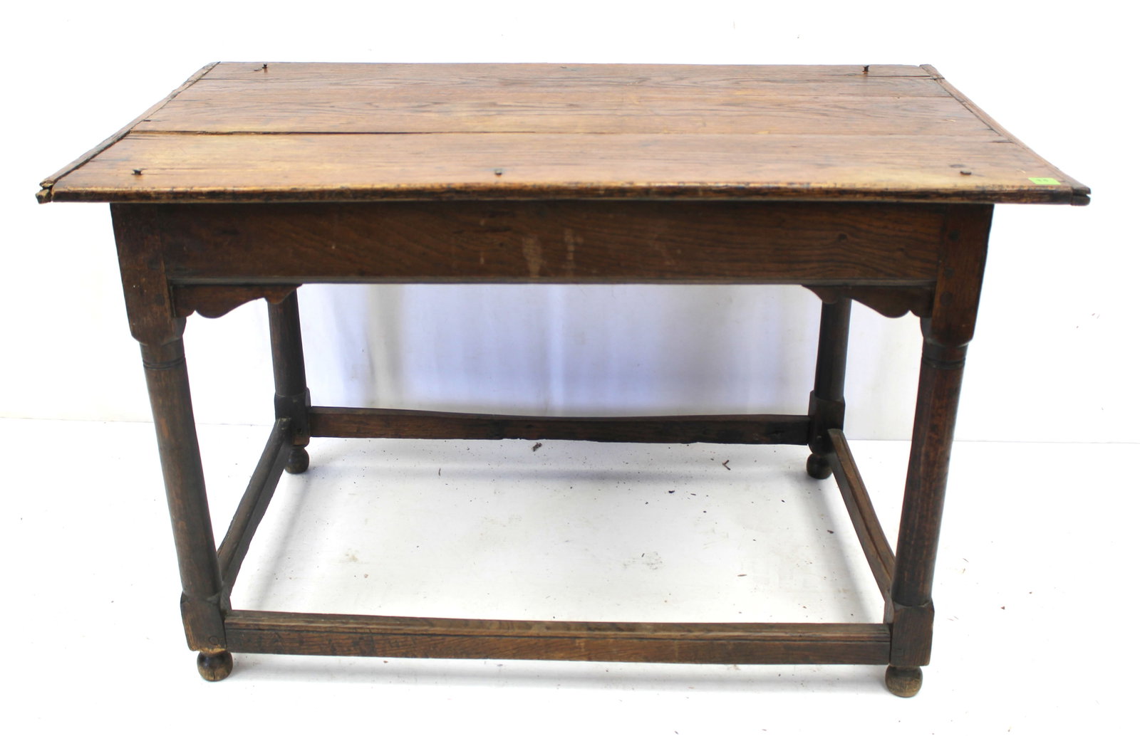 18thC tavern table on stretcher base w rose head nail construction - as found - 26" tall x 41" wide (1 of 8)