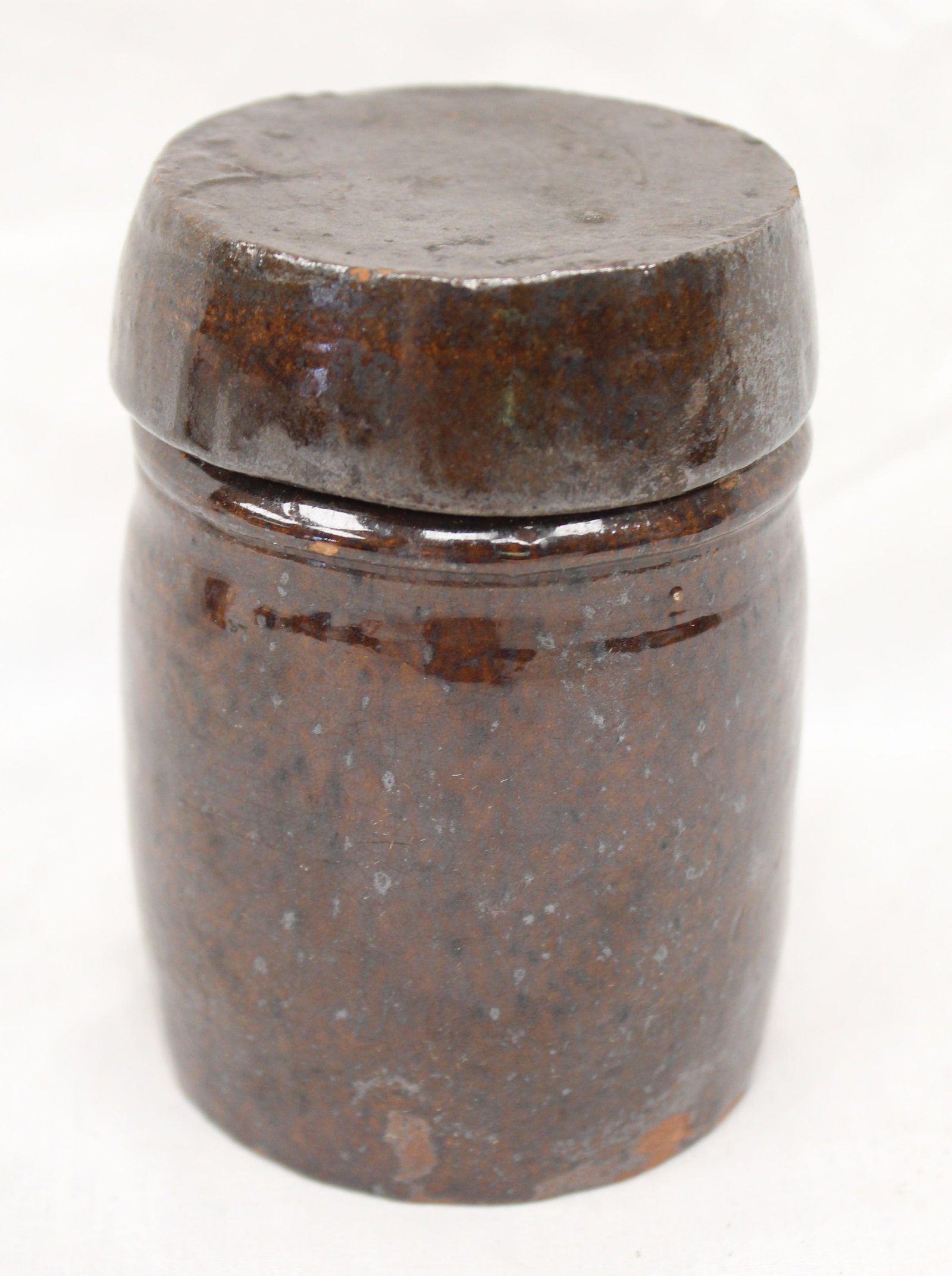 Small antique redware covered jar - 4 1/2" tall (1 of 5)