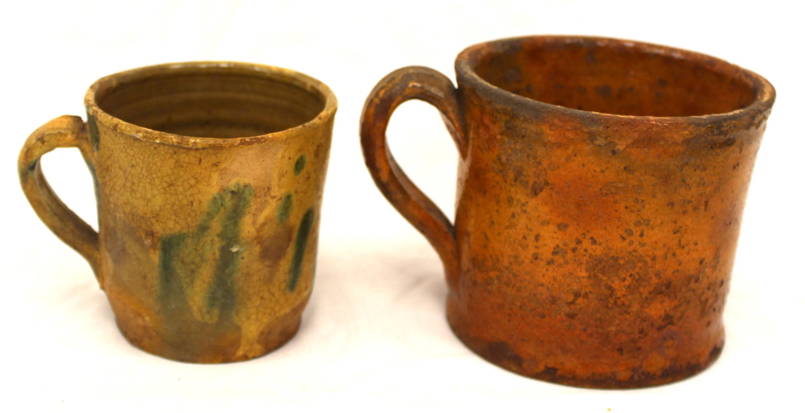 Lot of 2 antique redware mugs - 3 1/2" & 4" tall (1 of 10)