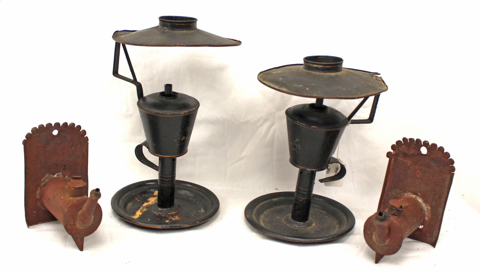 Lot of 2 pairs of antique toleware whale oil lamps - red & black - 5 1/2" & 11" tall (1 of 6)