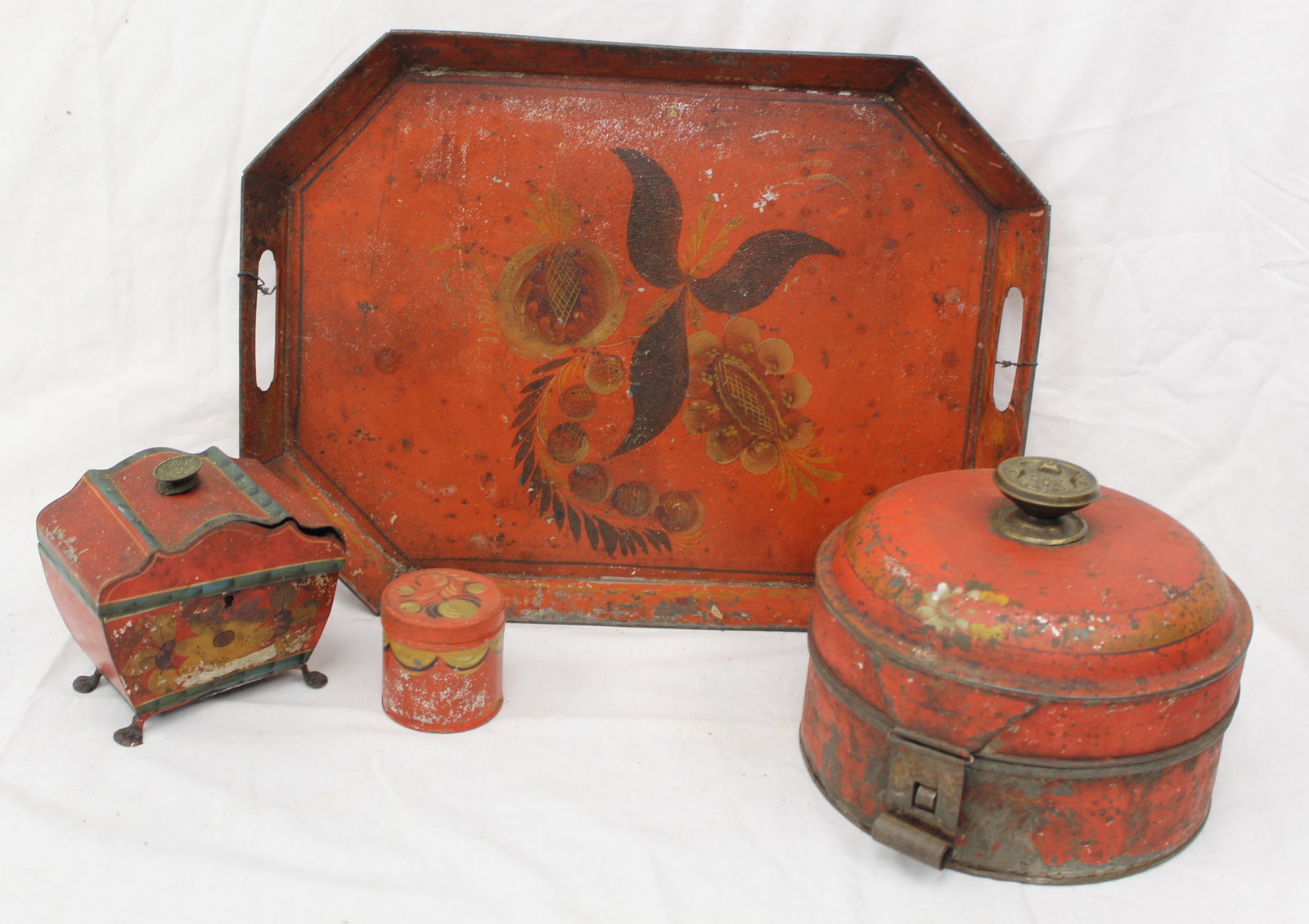 Lot of 4 pcs red toleware incl tray & 3 cannisters in various shapes & sizes - 2 1/2" tall smallest (1 of 7)