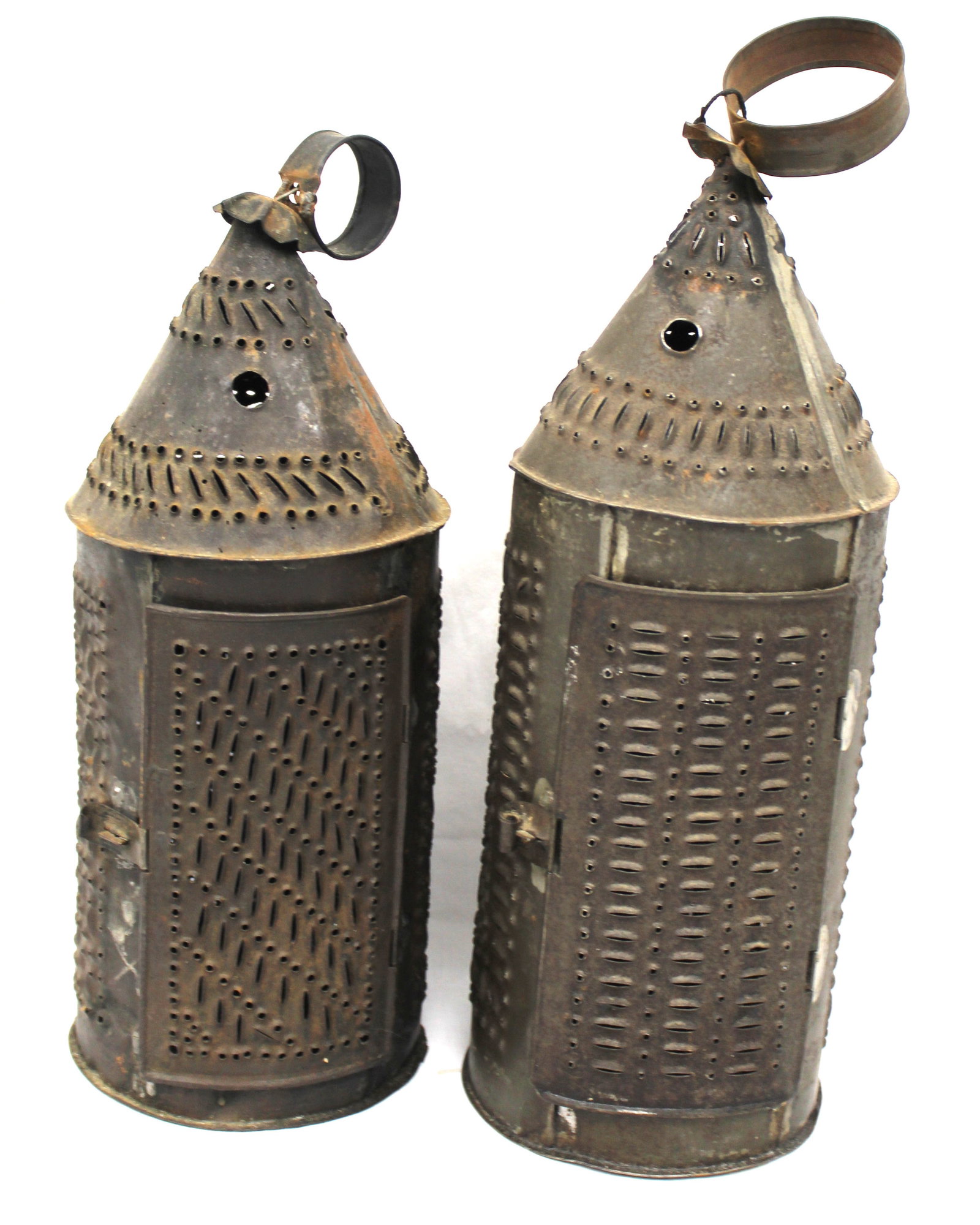 Lot of 2 antique punched tin lanterns - 13" & 15" tall (1 of 7)