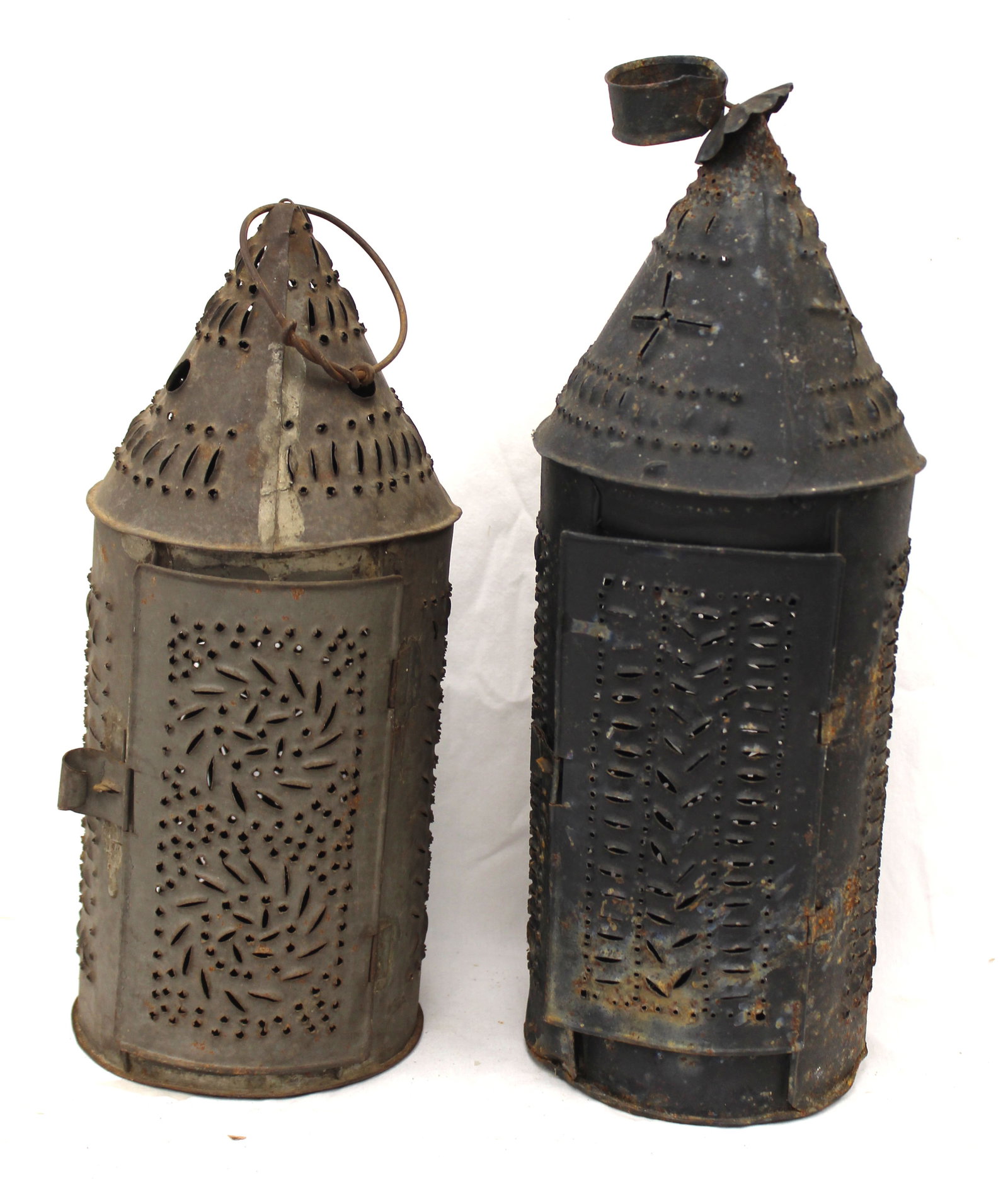Lot of 2 antique punched tin lanterns - 12" & 14" tall (1 of 6)