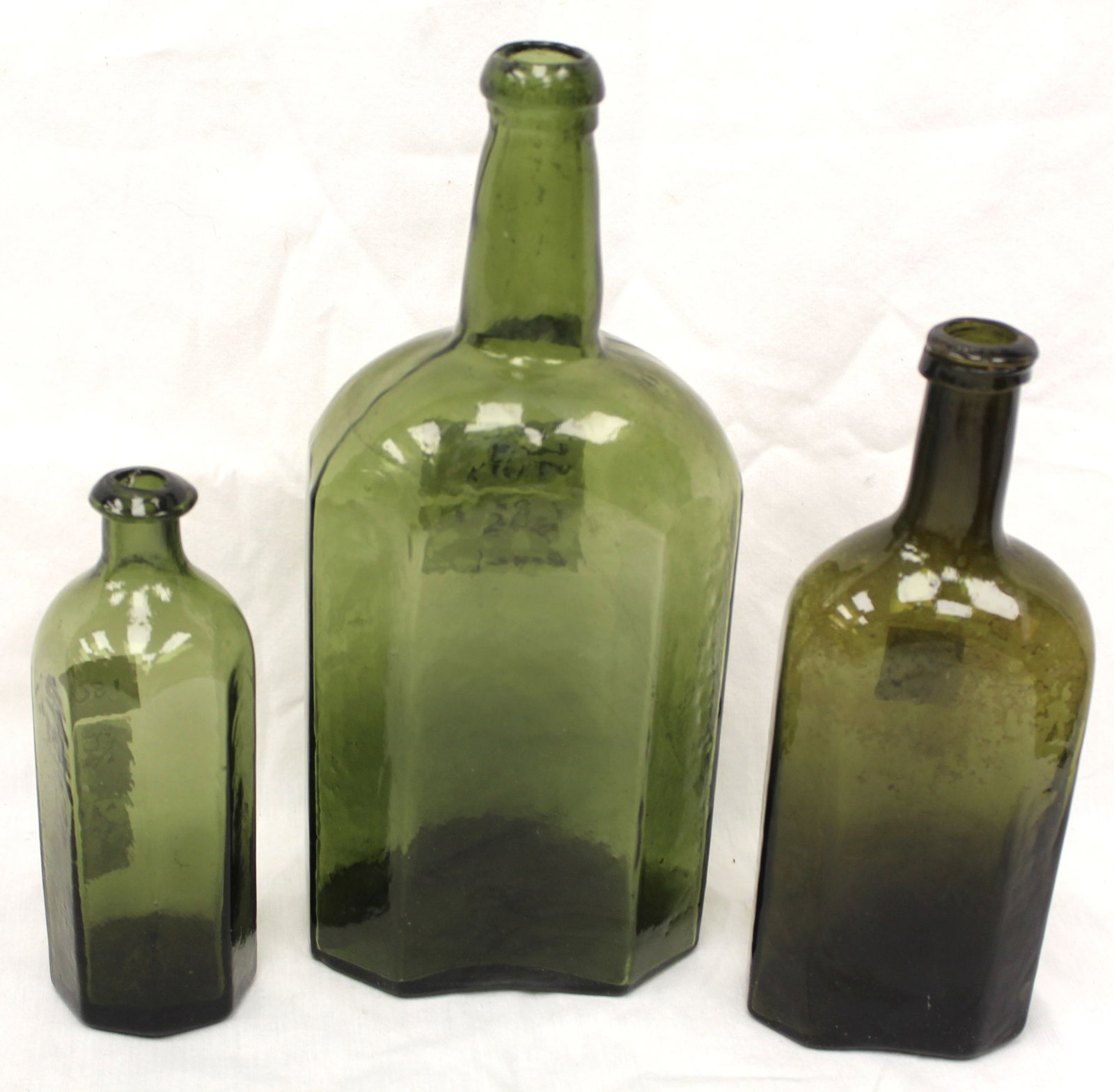 Lot of 3 early green glass bottles - 5 3/4" tall, 7 1/2" & 9 3/4" tall: Lot of 3 early green glass bottles - 5 3/4" tall, 7 1/2" & 9 3/4" tall