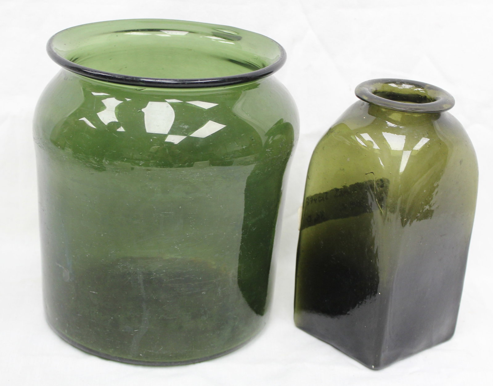 Lot of 2 early green glass jars - 7" & 8" tall (1 of 9)