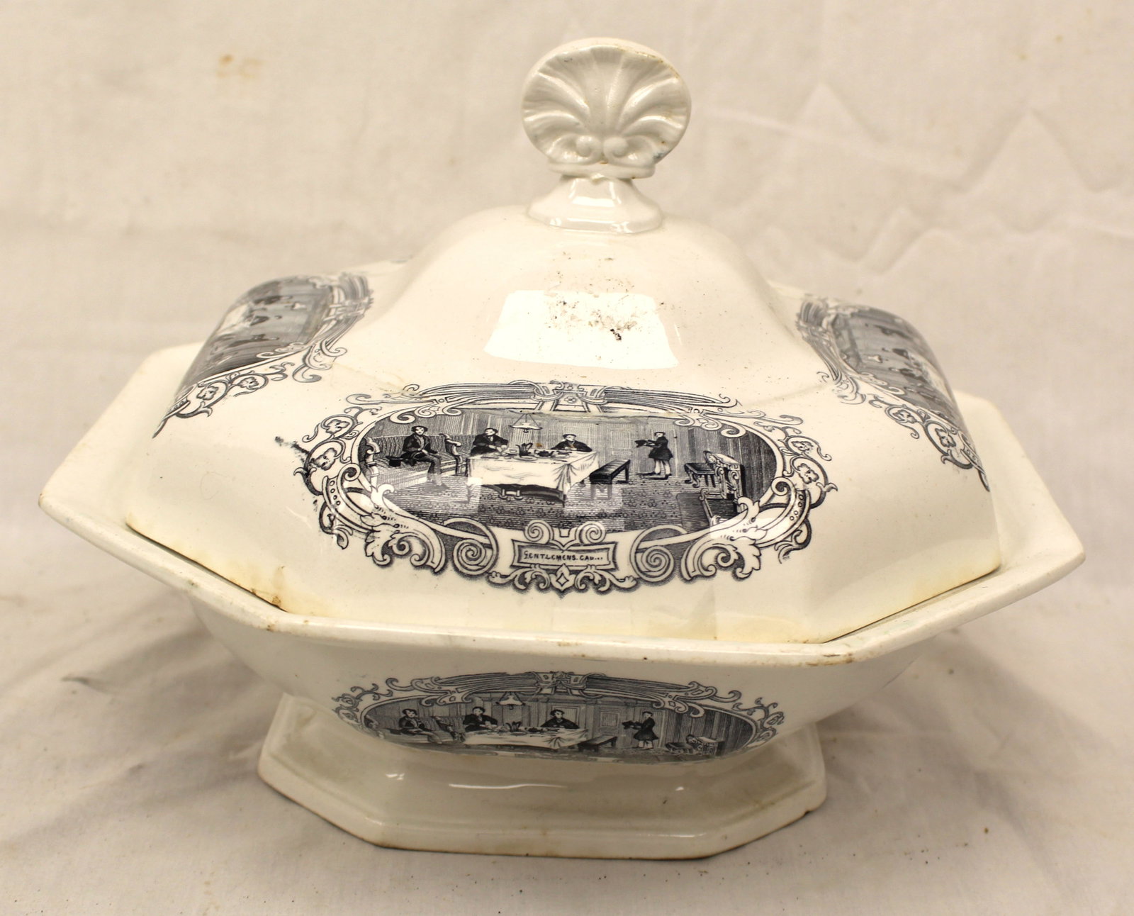 19thC J&T Edwards black transfer dec Staffordshire covered dish from the "Boston Mails" series - 8" (1 of 6)