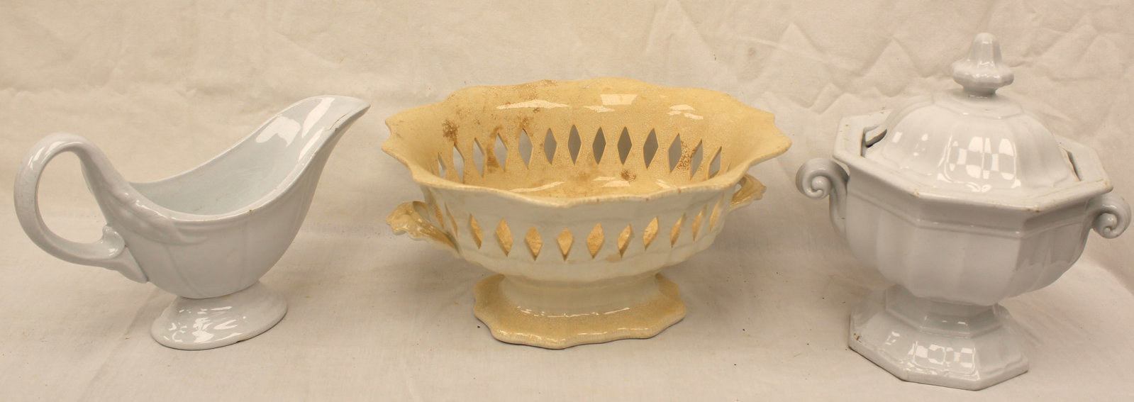 Lot of 3 ironstone items - covered compote, basket & gravy - 5" - 9" tall (1 of 14)
