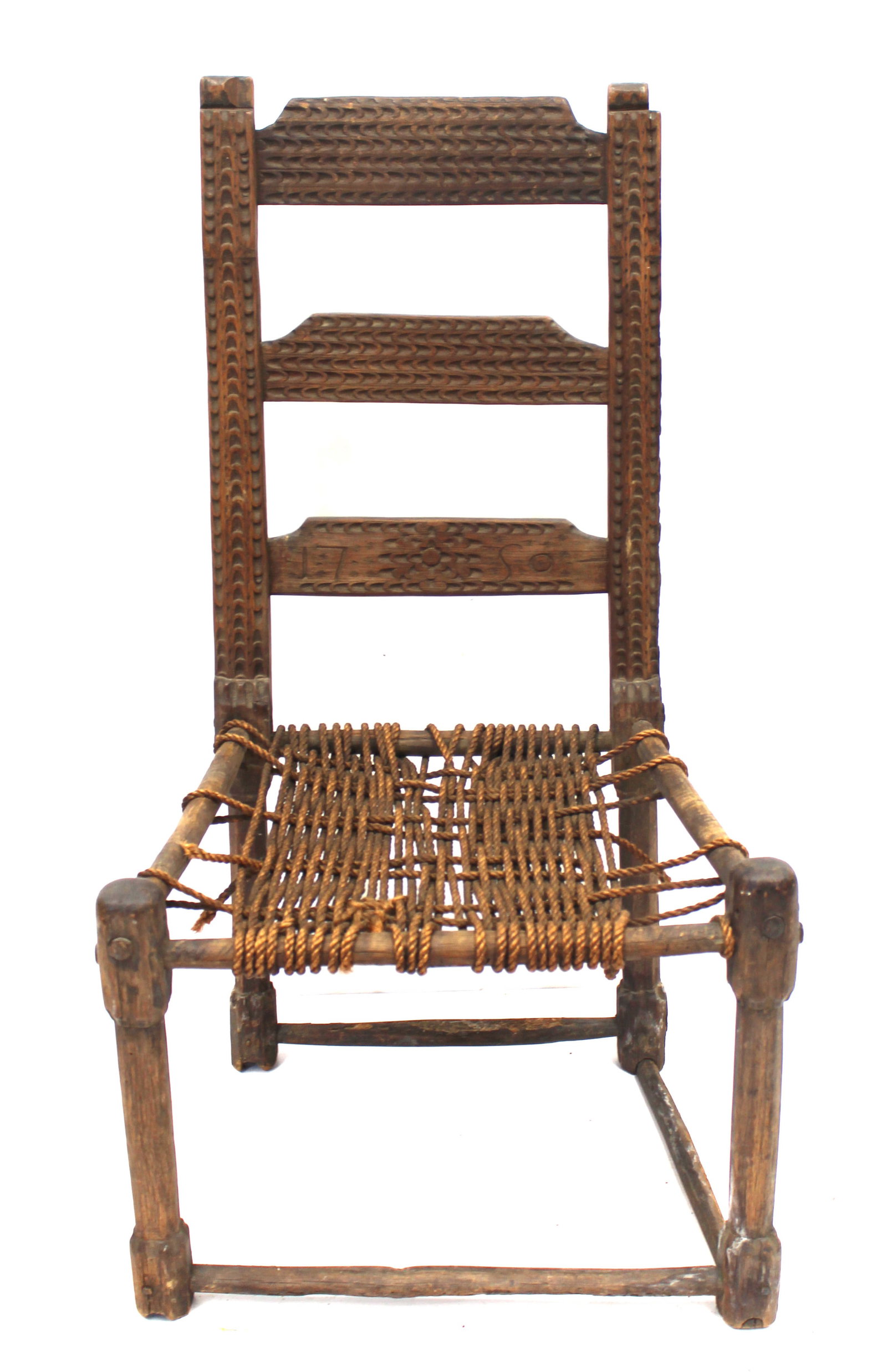 Antique 3 slat ladderback side chair w chip carved decoration - 35" tall x 19 1/2" wide x 16" deep w: Antique 3 slat ladderback side chair w chip carved decoration - 35" tall x 19 1/2" wide x 16" deep w 13" seat height