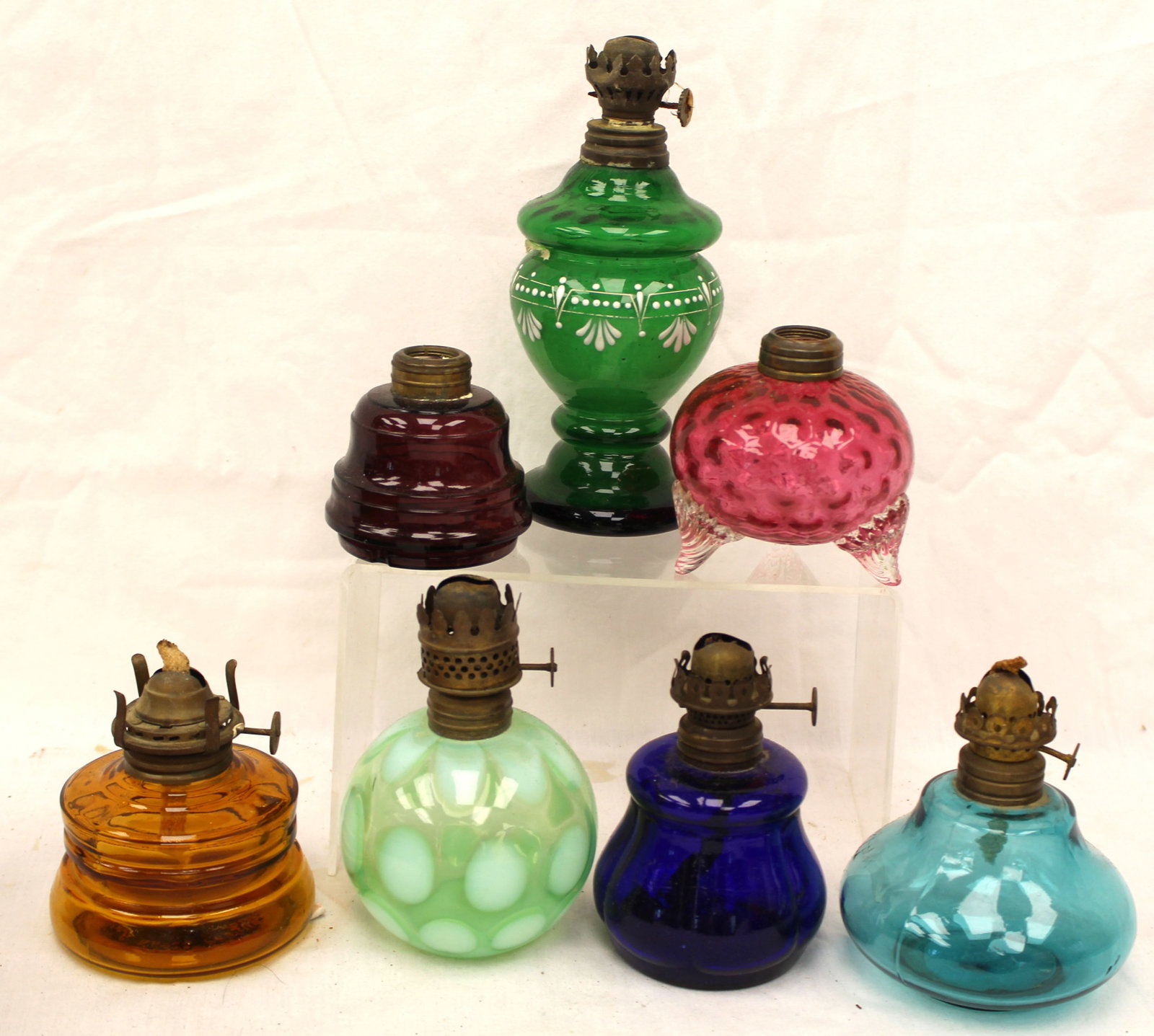 Lot of 7 miniature whale oil lamps in various shapes & colors - 3" - 7" tall (1 of 5)