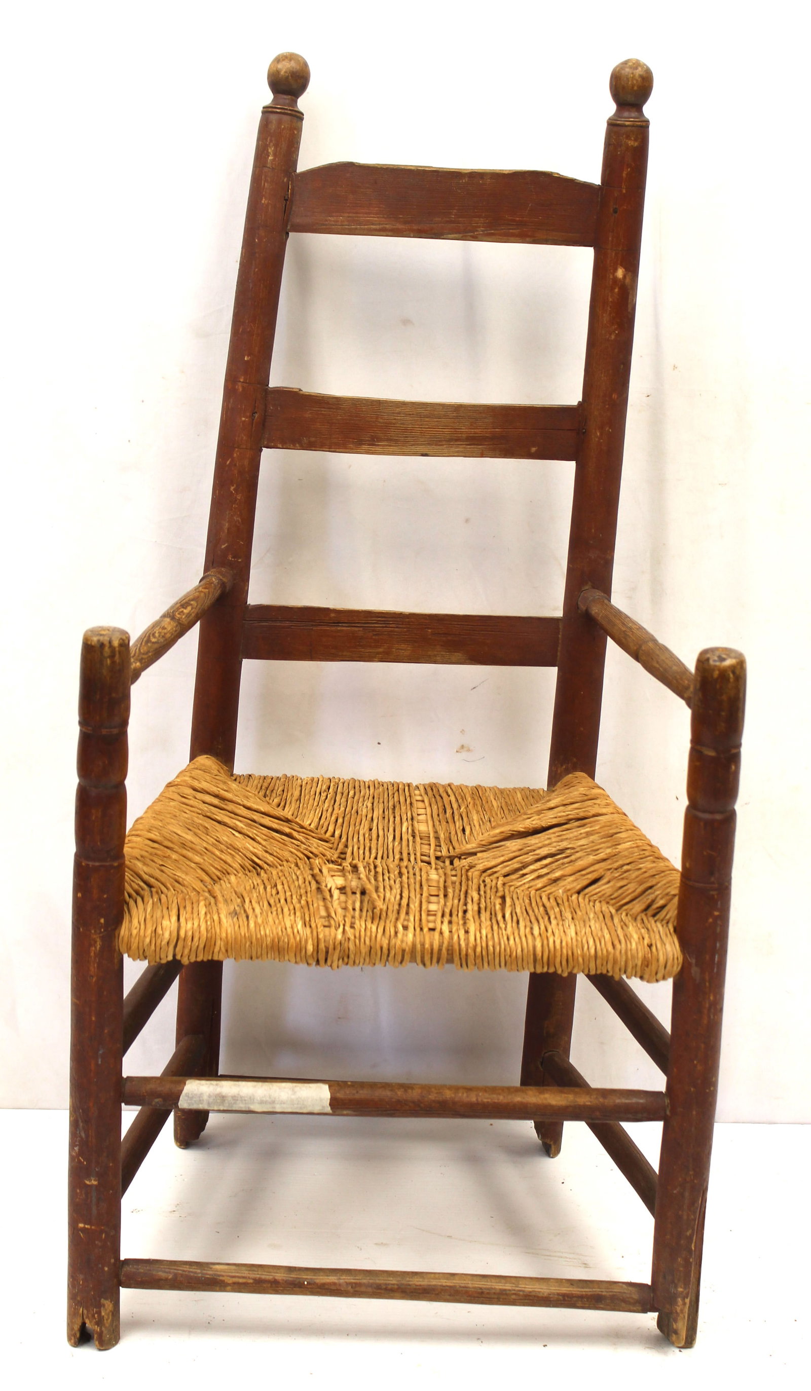 Antique 3 slat ladderback armchair w rush seat - 37" tall x 18" x 14" w 14" seat height (1 of 6)