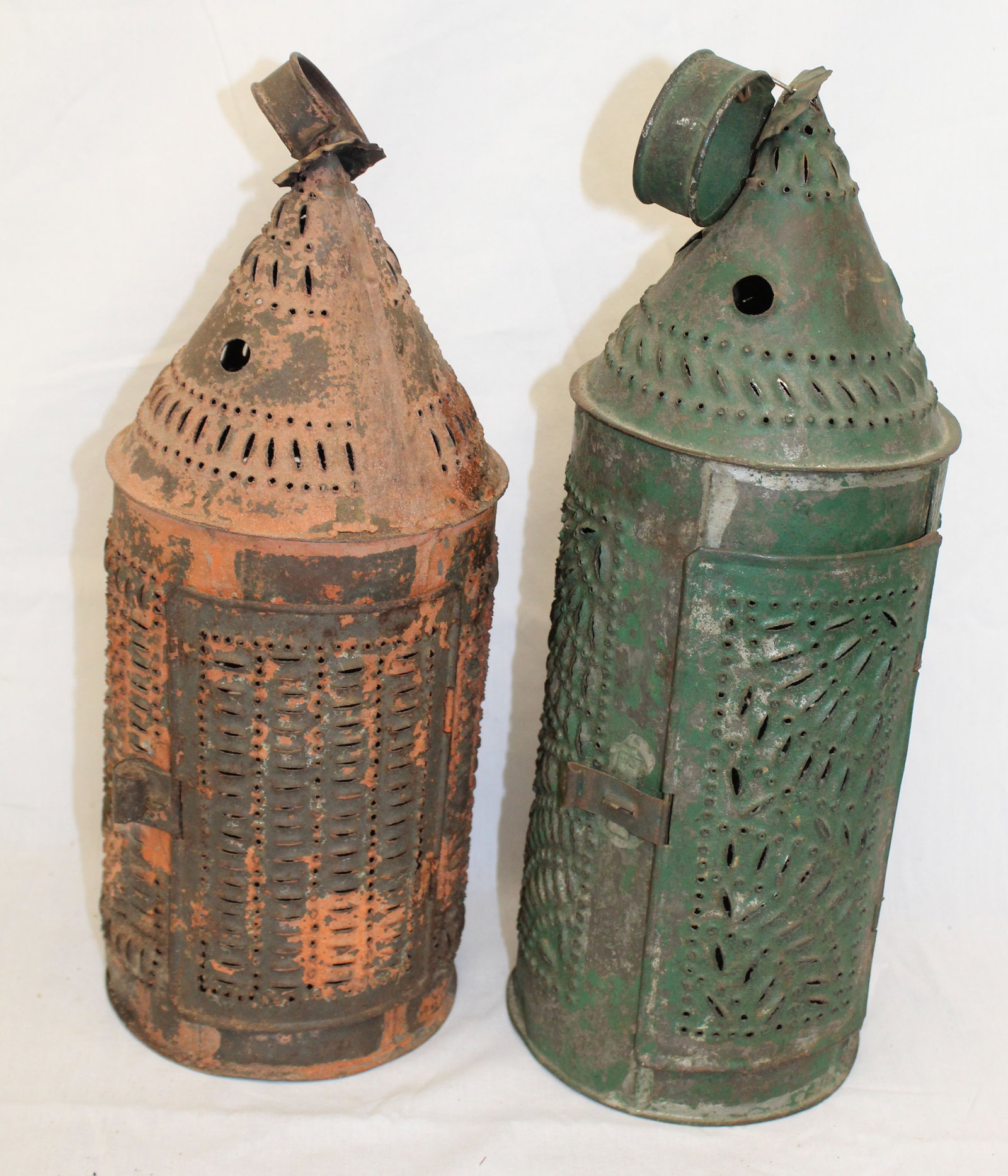 Lot of 2 punched tin lanterns in green & salmon - 13 3/4" & 14" tall (1 of 6)