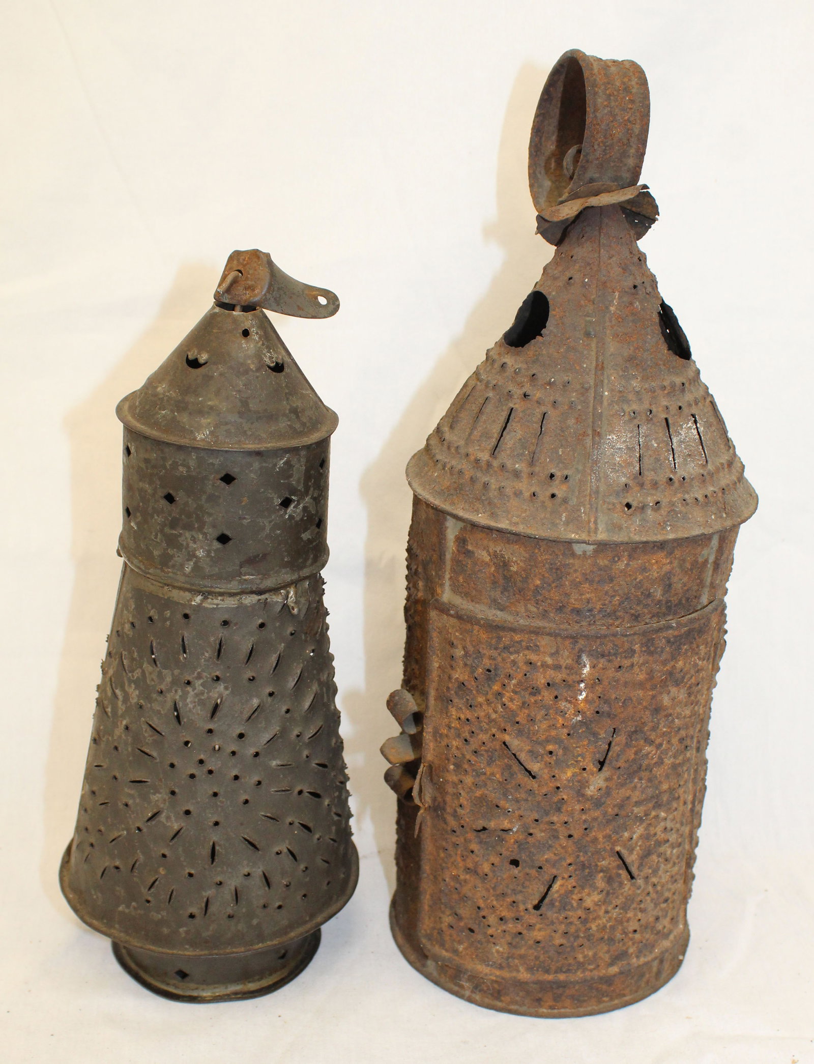 Lot of 2 antique punched tin lanterns - 10" &12" tall (1 of 7)