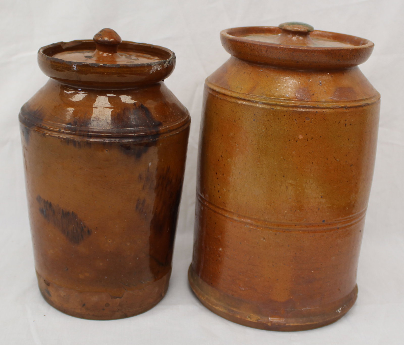 Lot of 2 antique redware jars w covers - 9 1/2" & 10" tall (1 of 12)