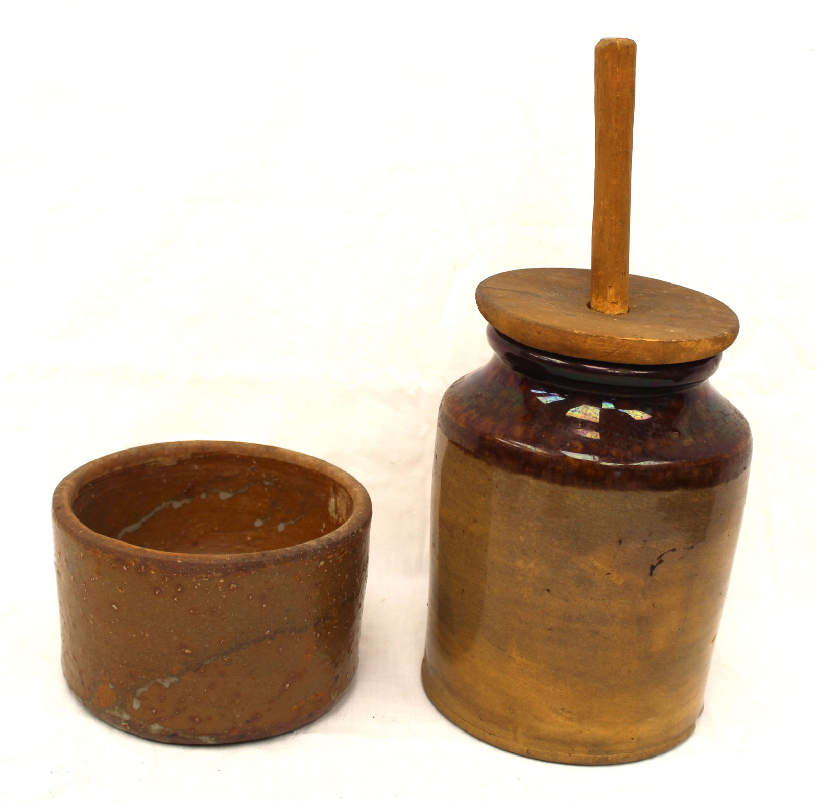 Lot of 2 antique redware items - bowl & small churn - 3 1/2" tall x 6" diam & 8" tall churn - 12" w (1 of 9)