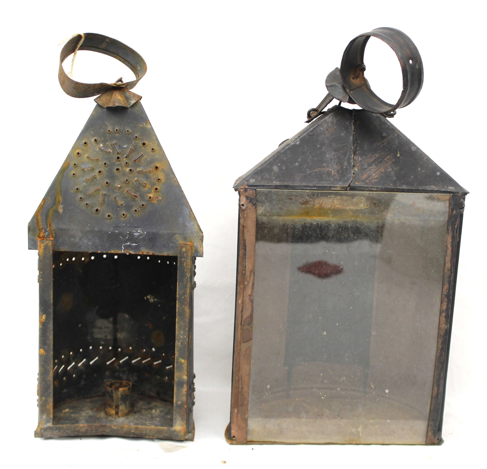 Lot of 2 antique tin & glass lanterns - as found - 13" & 14" (1 of 7)