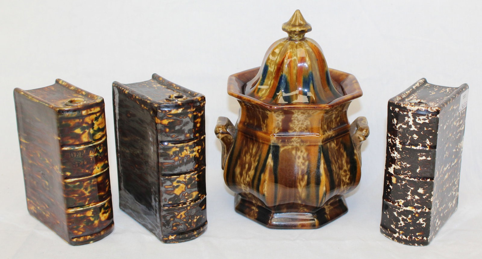 Lot of 3 antique Bennington book form flasks plus a covered sugar - 5 1/2" tall & 9" tall jar (1 of 5)