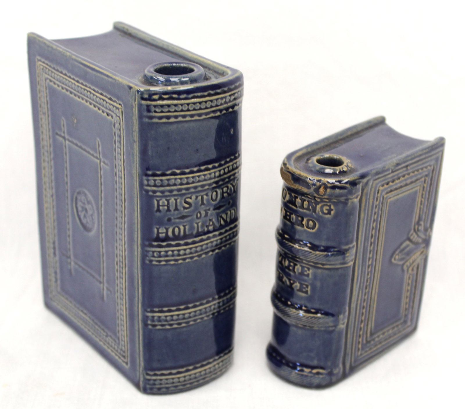 Lot of 2 Swan Hill pottery blue glaze book form flasks - 4" & 5 1/2" tall (1 of 8)