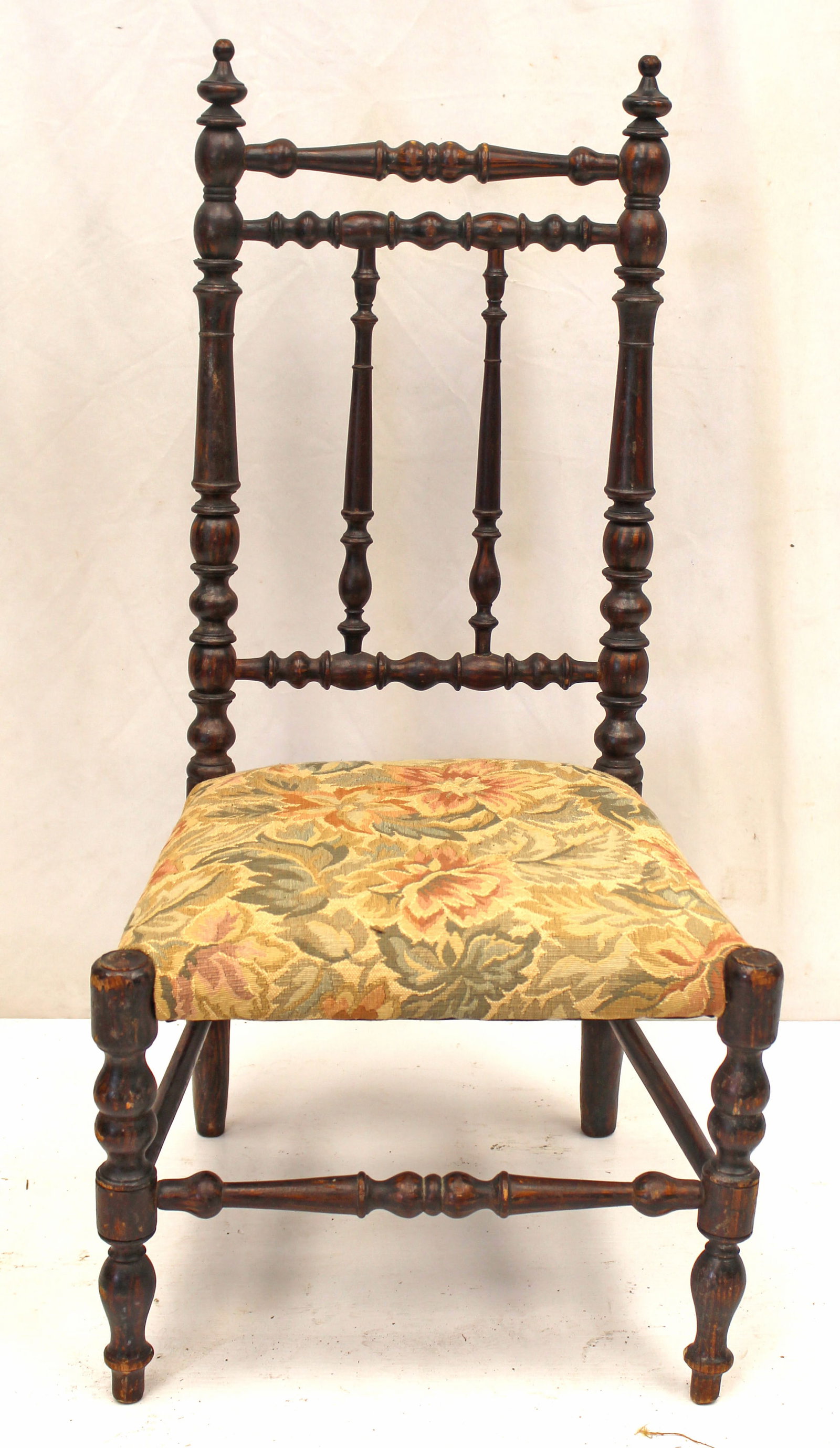 Antique child size heavily turned chair w upholstered seat - 27 1/2" tall x 14"x12" (1 of 5)