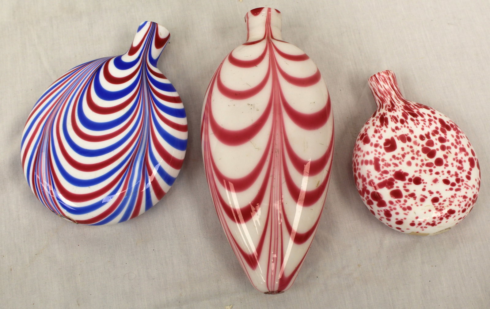 Lot of 3 early glass flasks in red & white swirl & red, white & blue swirl - 5 1/2", 7" & 9" (1 of 9)