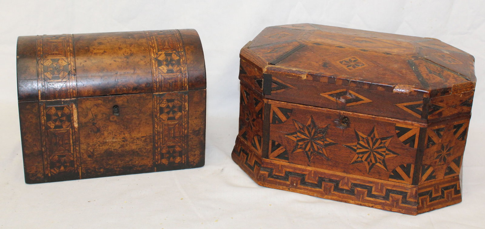 Lot of 2 19thC heavily inlaid boxes - a dome top tea caddy & an octag shaped dresser box w velvet &: Lot of 2 19thC heavily inlaid boxes - a dome top tea caddy & an octag shaped dresser box w velvet & mirror interior - 7" tall x 9"x5" & 7" tall x 12"x8 1/2"