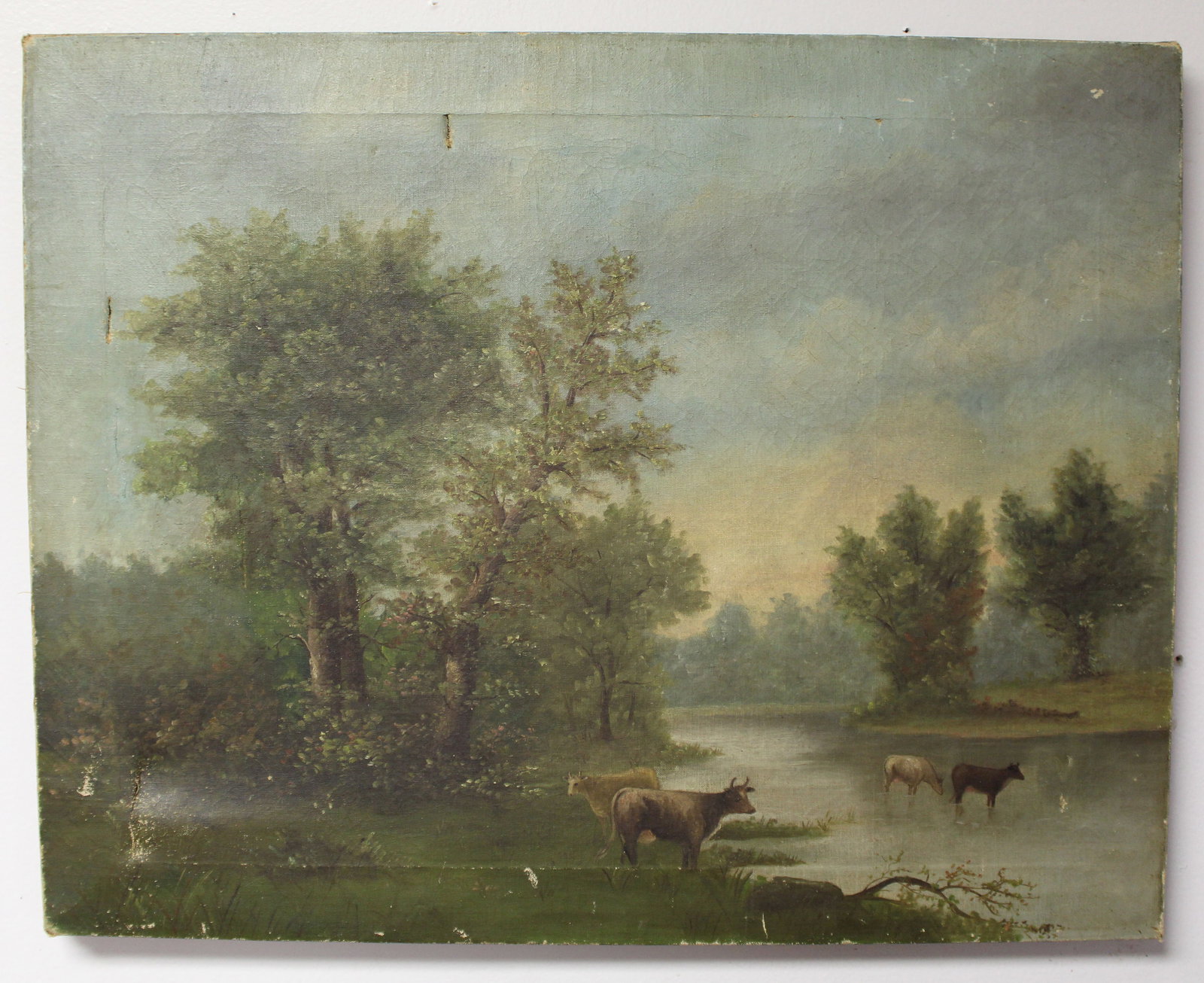19thC o/c riverscape w cows watering - as found - unframed 16"x23 (1 of 3)