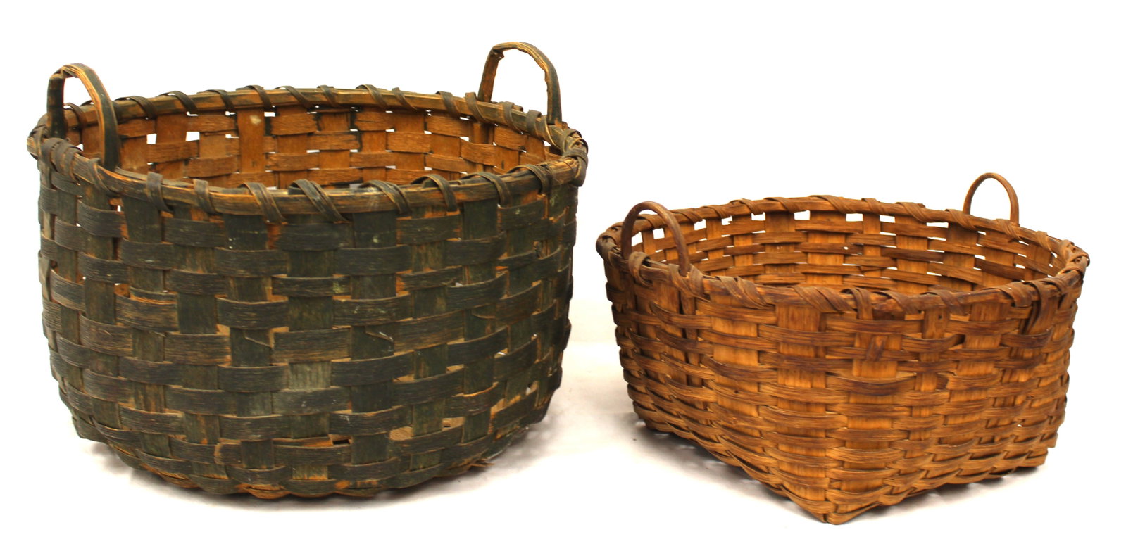 Lot of 2 antique 2 handled baskets incl 1 in green paint - 10" tall x 13 1/2" diam & 6 1/2" tall x (1 of 9)