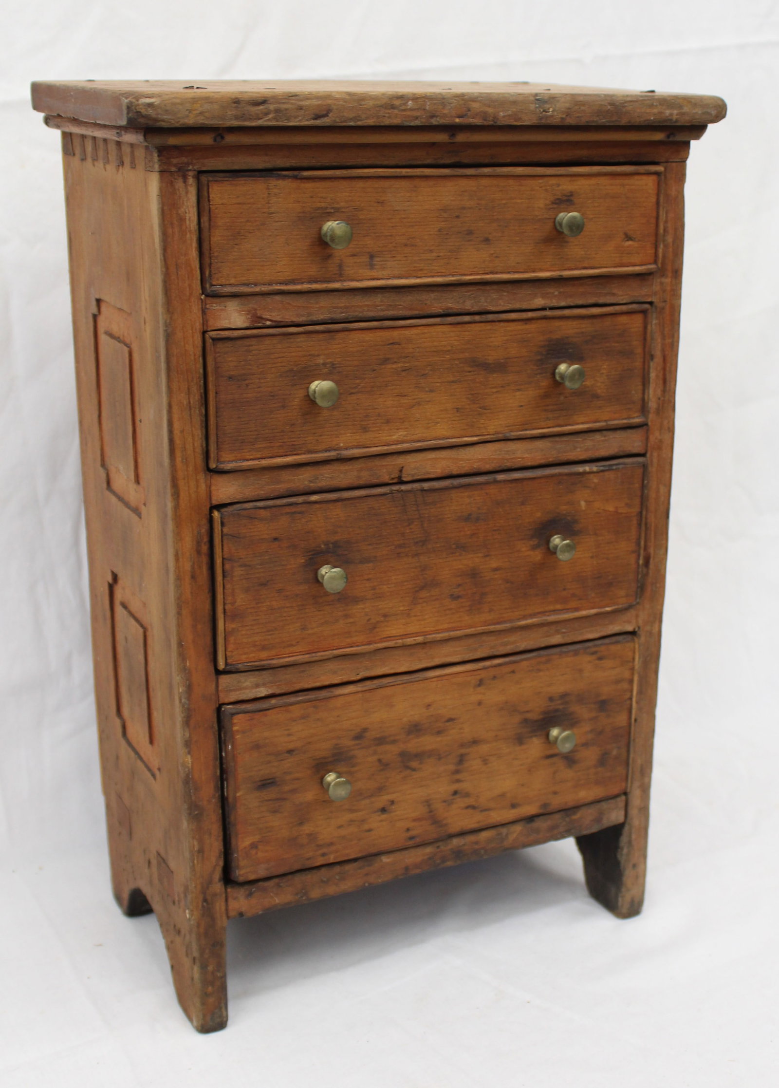 Diminutive antique 4 drawer chest w paneled sides w brass knobs- 16 3/4" tall x 11" wide x 6 1/2" (1 of 7)