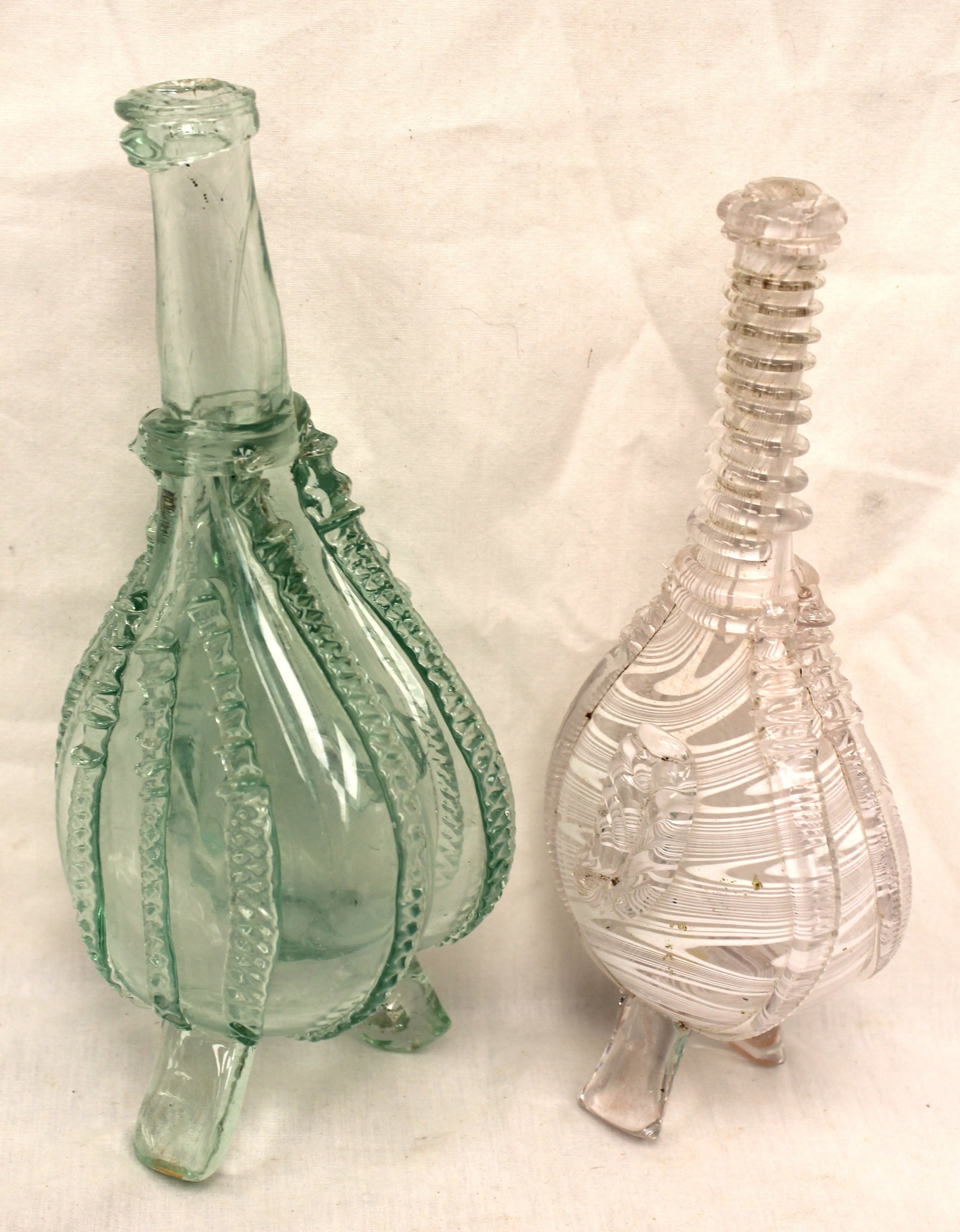 Lot of 2 early aqua & clear glass bellows form bottle flasks - 8 1/2" & 9 1/2" (1 of 9)