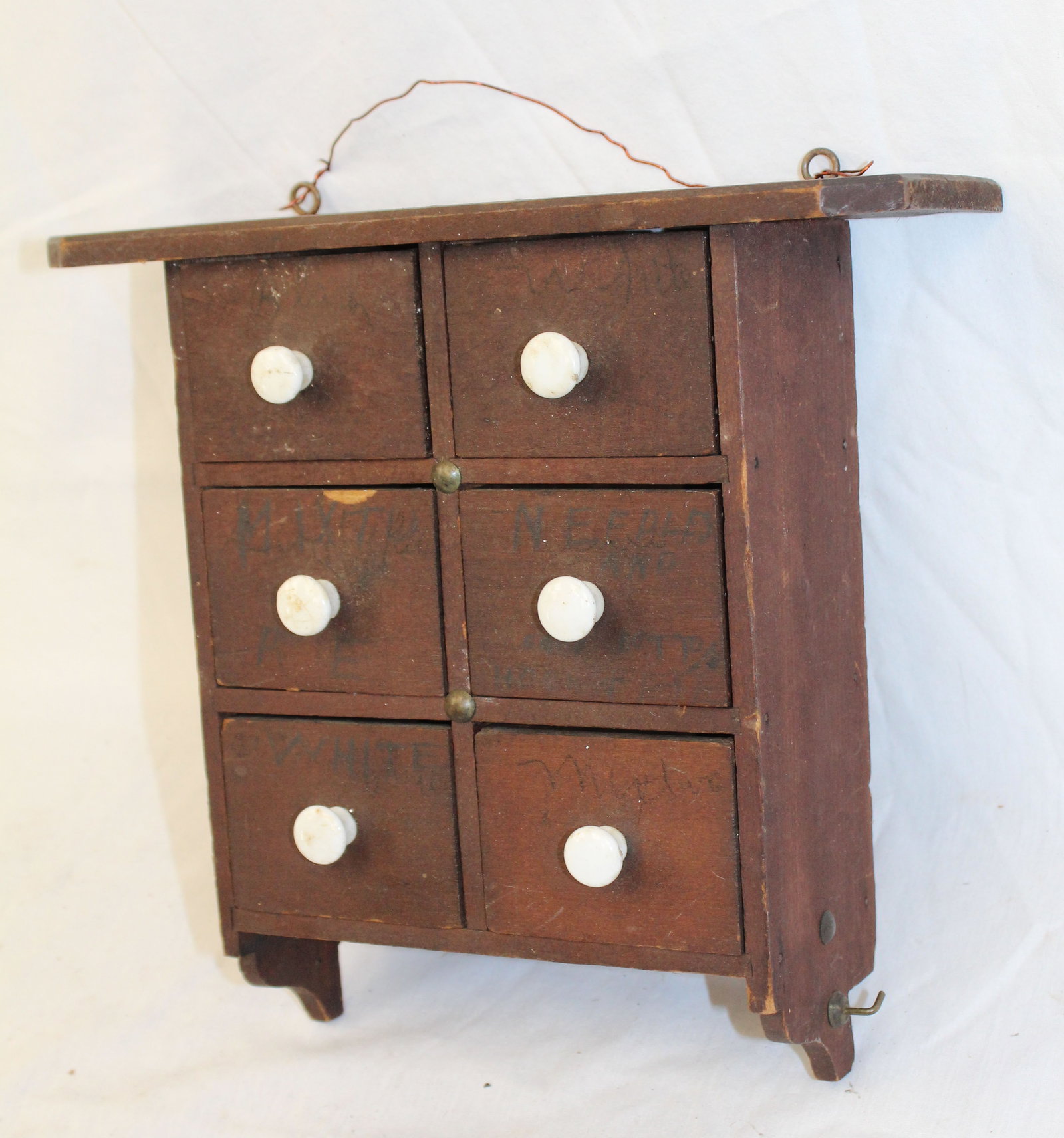 Antique 6 drawer wall hanging spice chest w porcelain knobs - 10" tall x 10 1/2" wide x 3 1/4" deep: Antique 6 drawer wall hanging spice chest w porcelain knobs - 10" tall x 10 1/2" wide x 3 1/4" deep