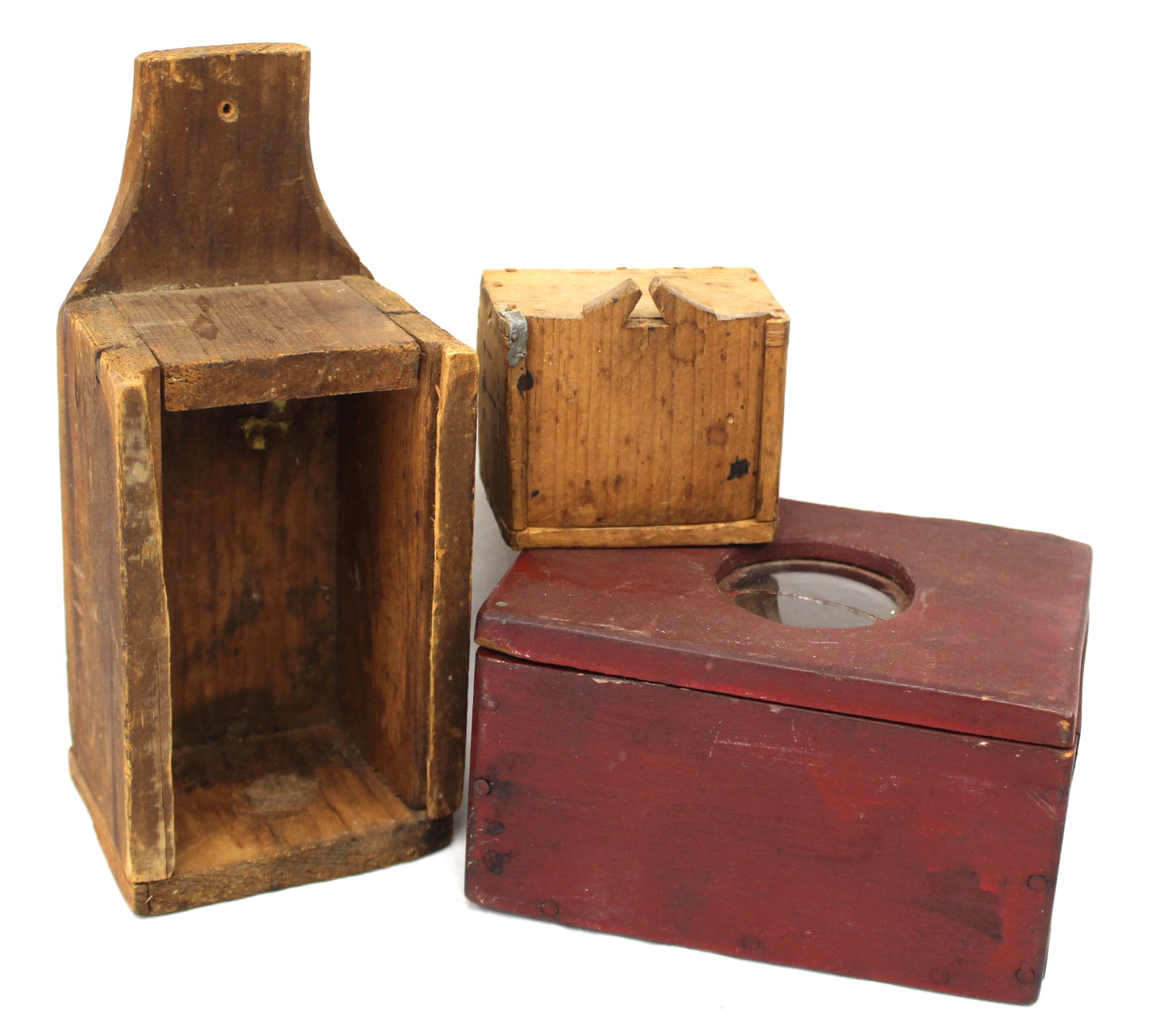Lot of 3 diminutive boxes incl 1 in red paint w glass circle opening in top, a miniature marked AS: Lot of 3 diminutive boxes incl 1 in red paint w glass circle opening in top, a miniature marked AS on back & an open top handled example probably missing its slide top - 2 1/4" tall x 2"x3", 2 1/2" ta