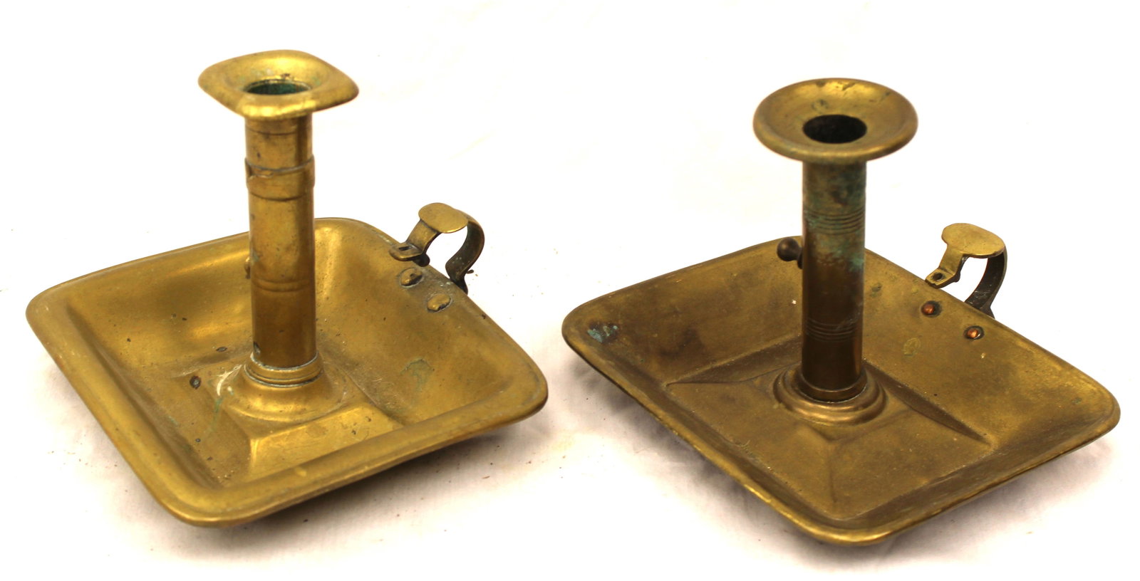 Pr of antique brass square based chambersticks - 5" tall x 6"x6 1/2" (1 of 6)