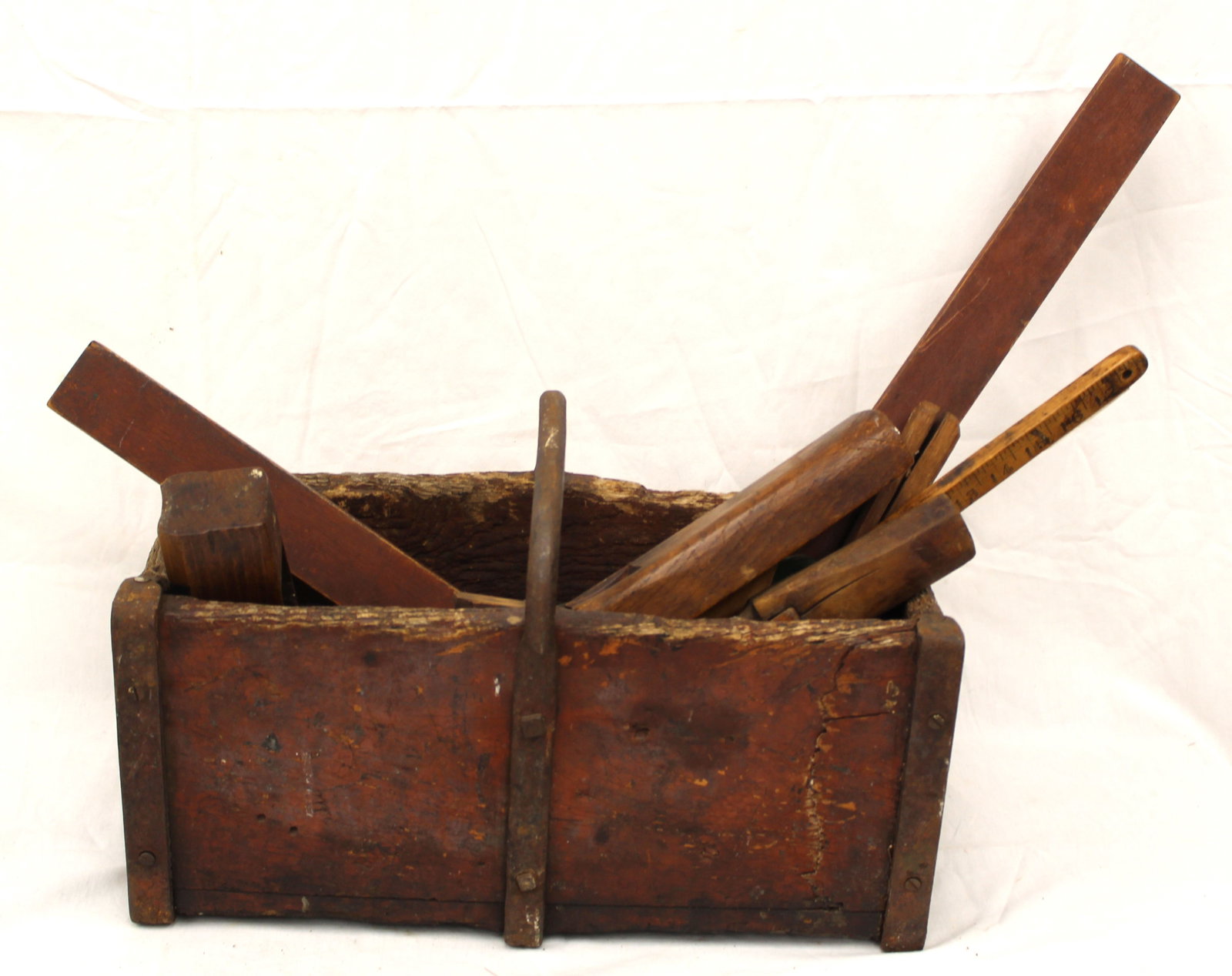 Antique tool box in red paint w iron handle w several wooden tools - box measures 12" tall x 18"x8" (1 of 9)