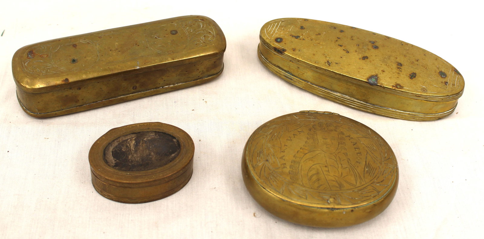 Lot of 4 antique brass boxes w engraved dec - 2 1/2" - 6 1/2" (1 of 10)