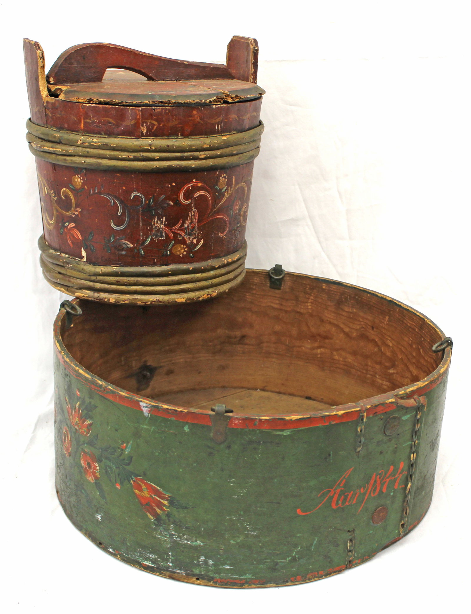 Lot of 2 wooden painted Scandinavian items incl bucket & botton of a large box - no lid - 9" tall x (1 of 12)