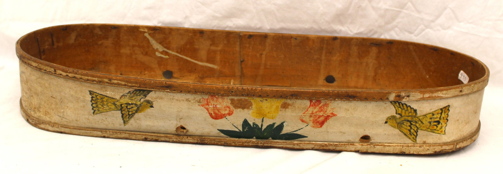 Large antique oval box w floral paint dec - prob Scandinavian - 4" tall x 29" x11" (1 of 8)